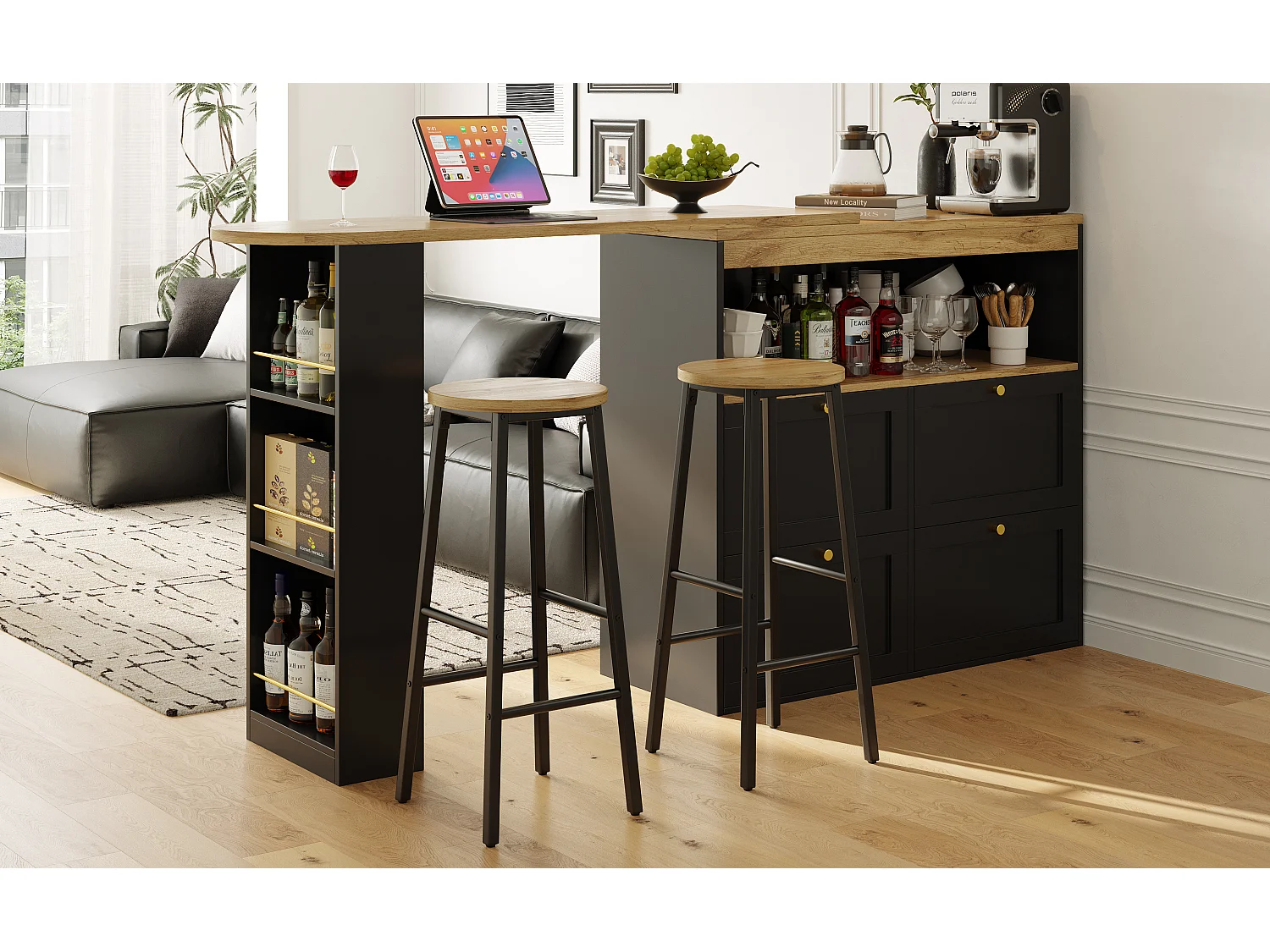 Ensemble table de bar haute extensible avec 2 tabourets, 4 tiroirs et casiers à bouteilles - MDF - 138-204 x 39 x 105 cm - Noir