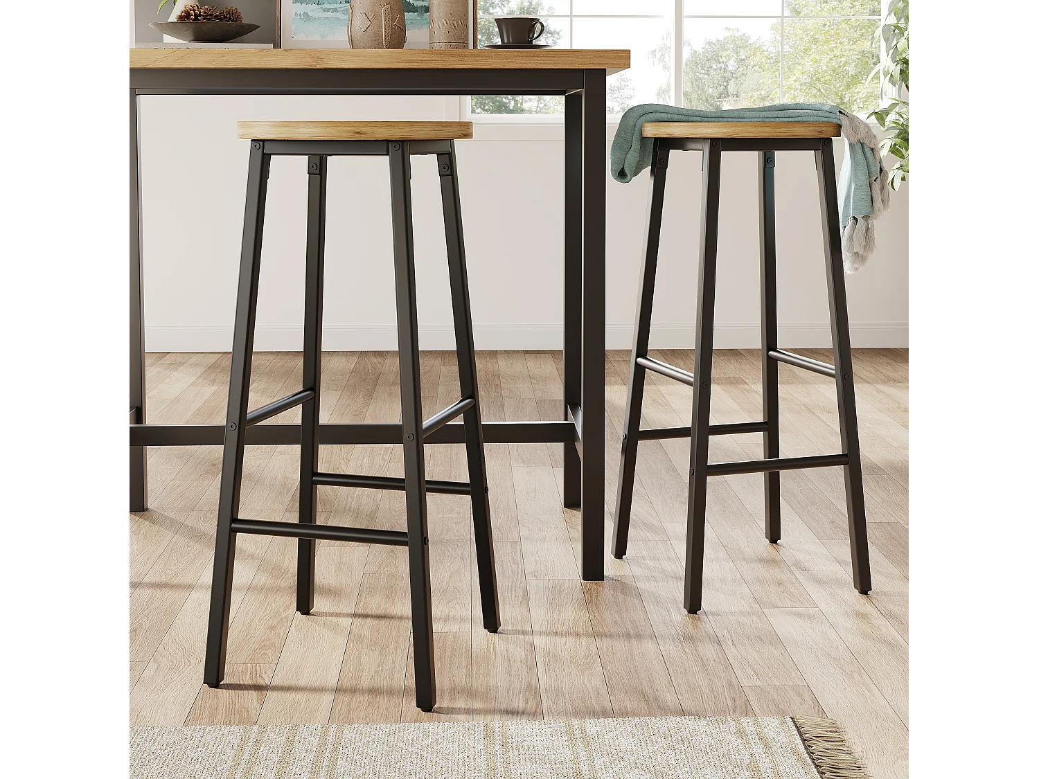 Ensemble table de bar haute extensible avec 2 tabourets, 4 tiroirs et casiers à bouteilles - MDF - 138-204 x 39 x 105 cm - Noir