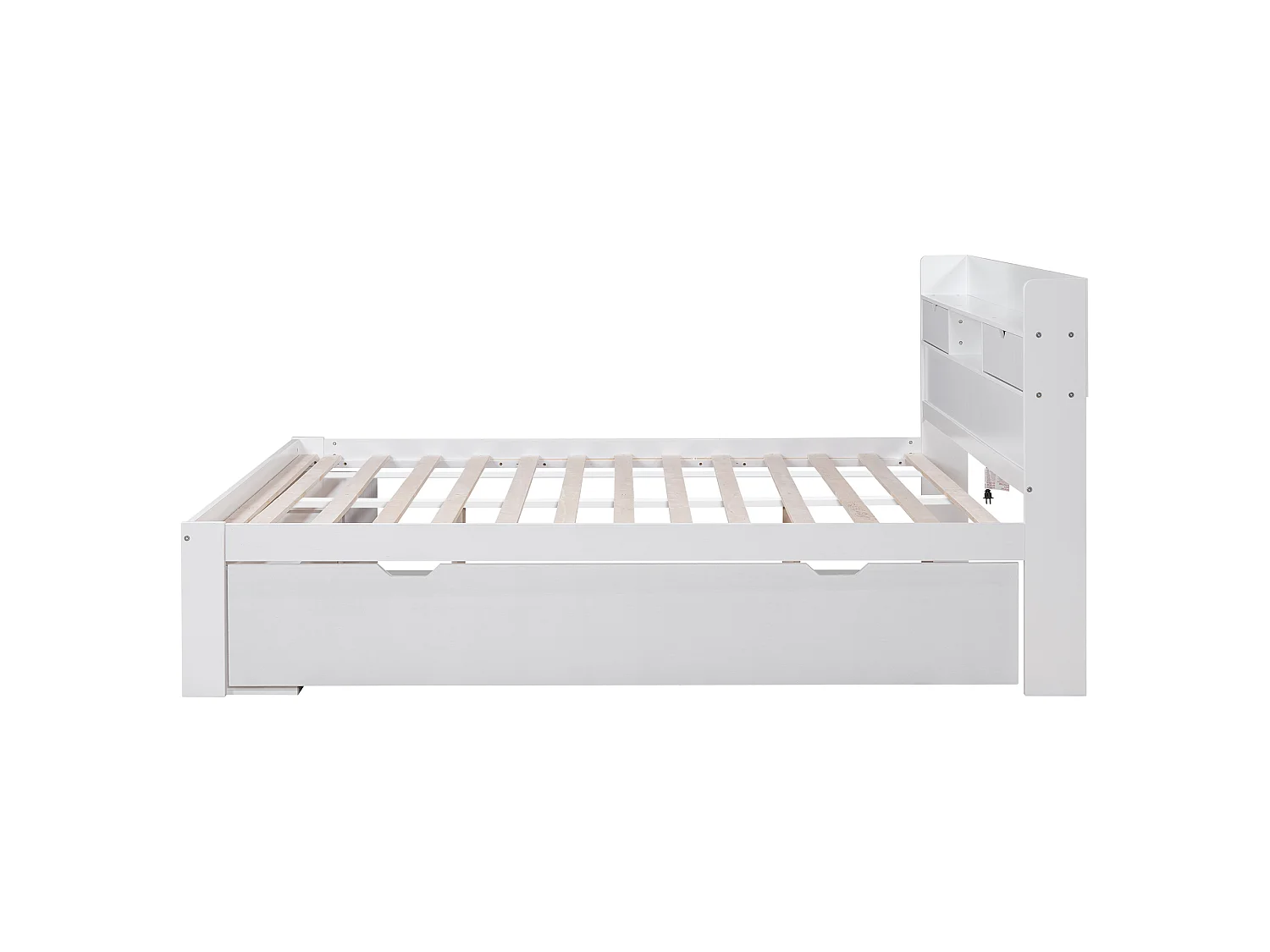 Dobbeltseng 140 x 200 cm med hovedgærde med opbevaring, skuffer og rum - Fyrretræ og krydsfiner - USB-port - Hvid (Madras medfølger ikke)
