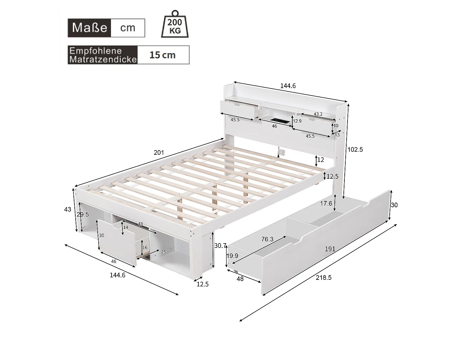 Dobbeltseng 140 x 200 cm med hovedgærde med opbevaring, skuffer og rum - Fyrretræ og krydsfiner - USB-port - Hvid (Madras medfølger ikke)