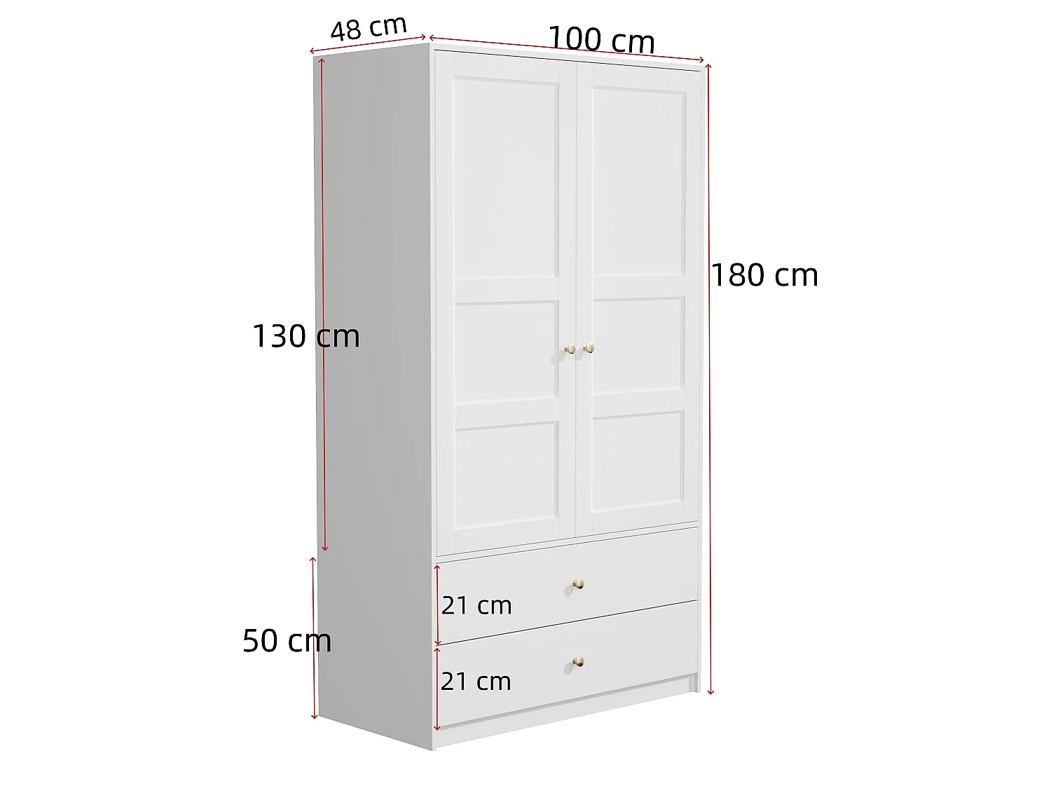 2-door wardrobe with hanging rail, shelves and 2 drawers, embossed effect doors - MDF - 100 x 48 x 180 cm - White