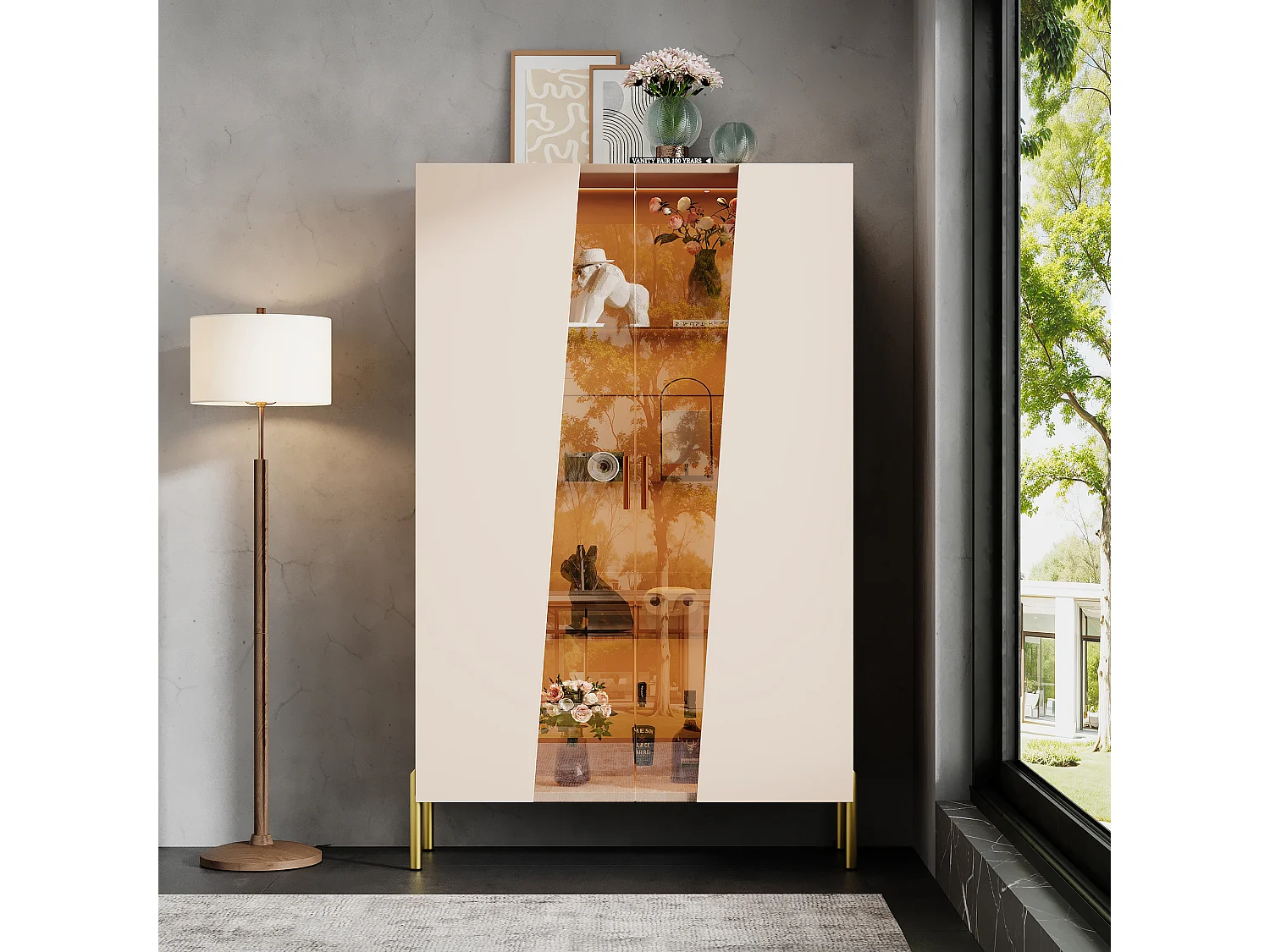 Vetrina con illuminazione a LED, anta in vetro temperato e 3 ripiani in vetro regolabili - MDF e vetro - 72 x 40 x 145 cm - Beige e marrone