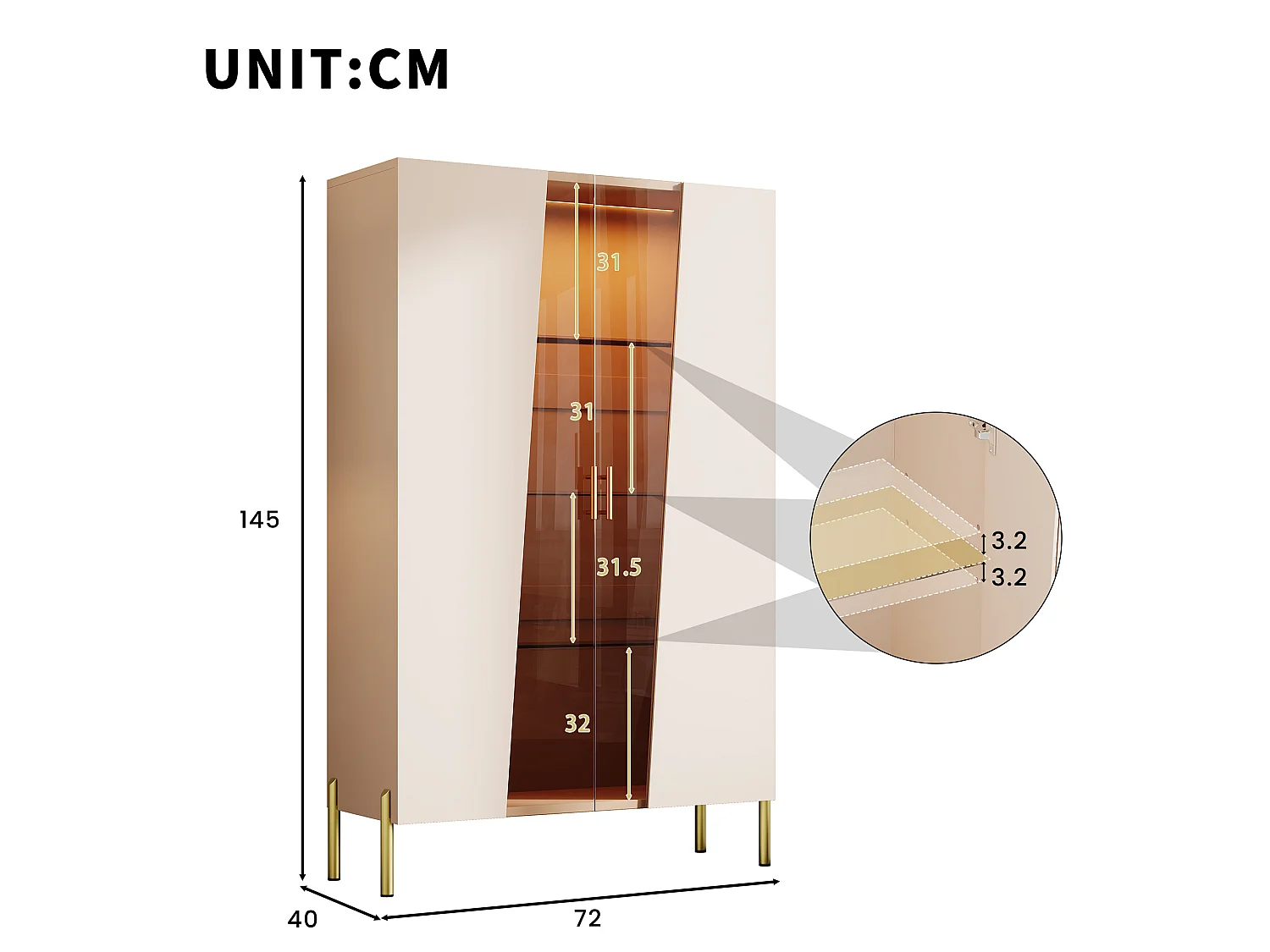 Vetrina con illuminazione a LED, anta in vetro temperato e 3 ripiani in vetro regolabili - MDF e vetro - 72 x 40 x 145 cm - Beige e marrone