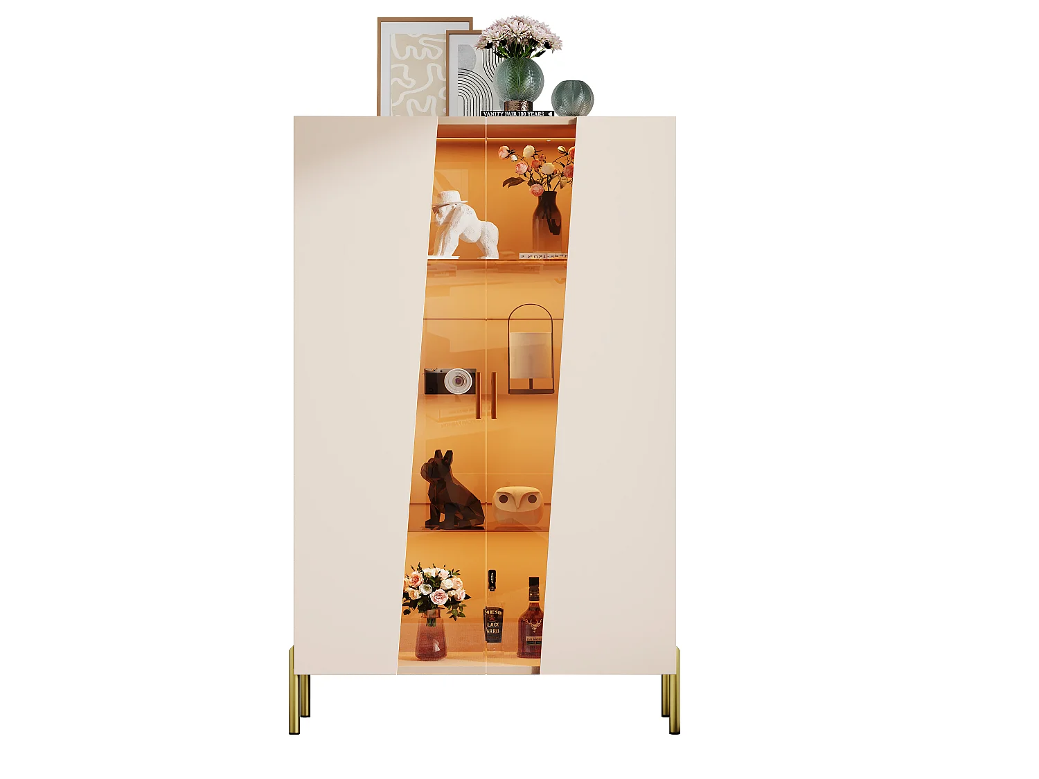Vetrina con illuminazione a LED, anta in vetro temperato e 3 ripiani in vetro regolabili - MDF e vetro - 72 x 40 x 145 cm - Beige e marrone