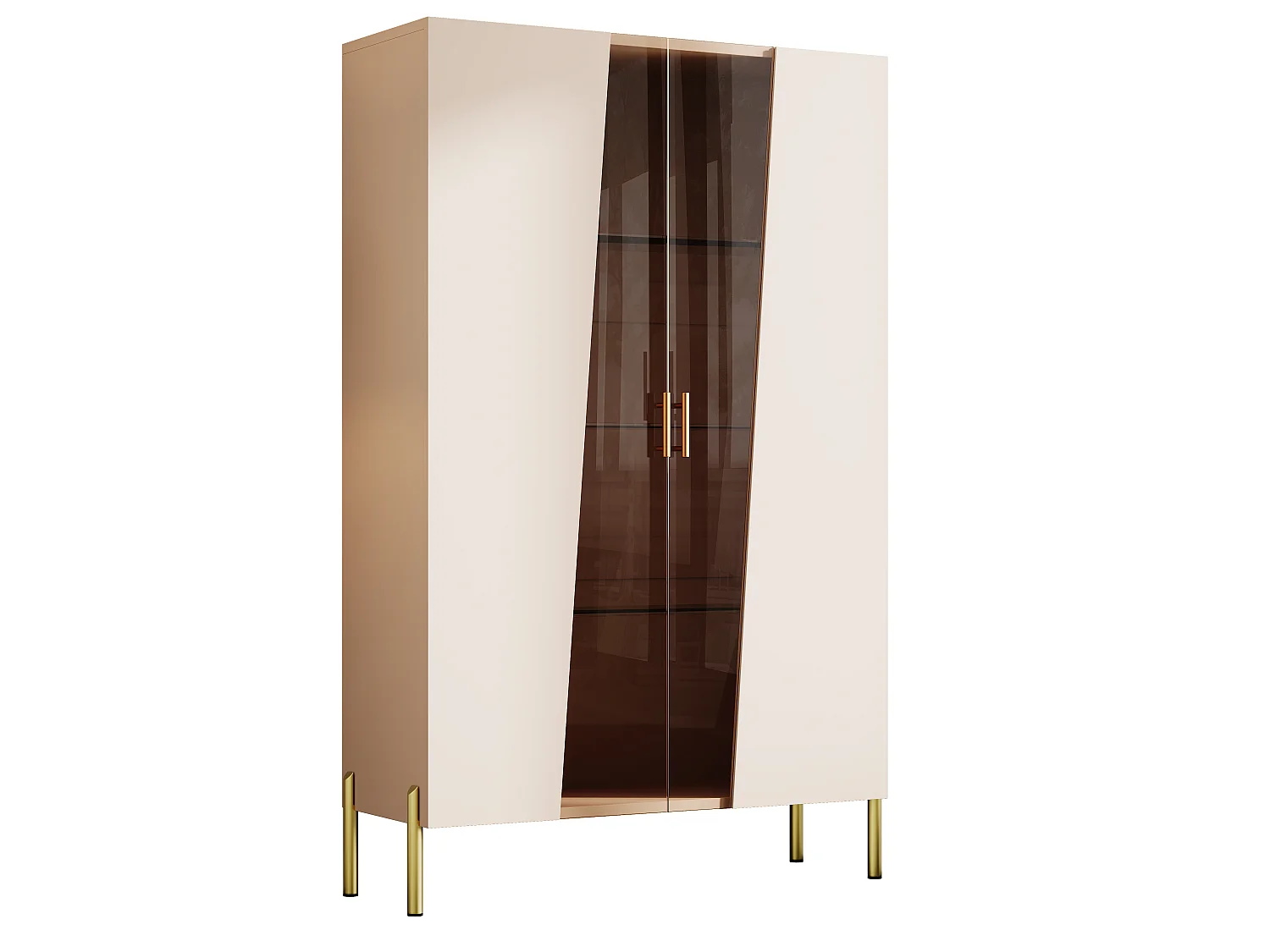 Vetrina con illuminazione a LED, anta in vetro temperato e 3 ripiani in vetro regolabili - MDF e vetro - 72 x 40 x 145 cm - Beige e marrone