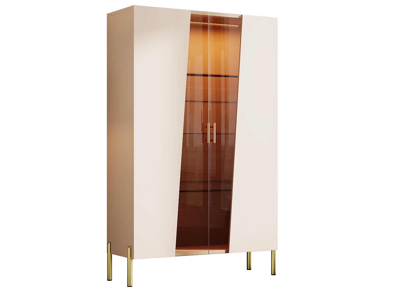Vetrina con illuminazione a LED, anta in vetro temperato e 3 ripiani in vetro regolabili - MDF e vetro - 72 x 40 x 145 cm - Beige e marrone