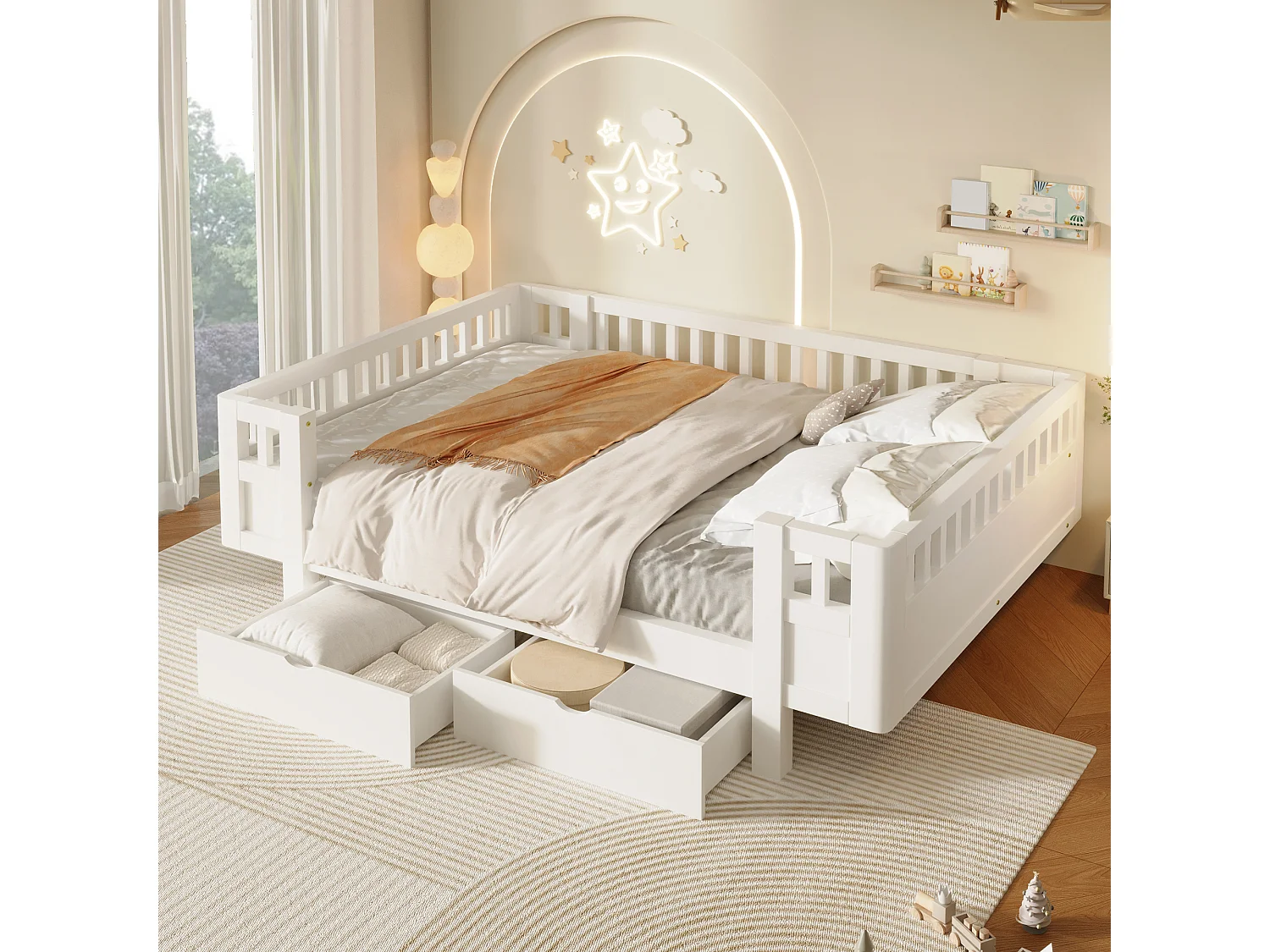 Letto per bambini 140 x 200 cm con sponda di sicurezza alta e 2 ampi cassetti - MDF + pino - Bianco (Materasso non incluso)