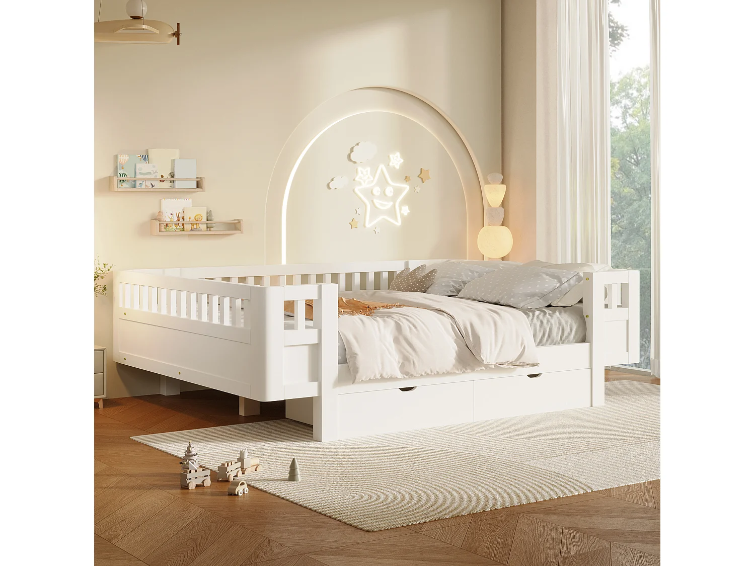 Letto per bambini 140 x 200 cm con sponda di sicurezza alta e 2 ampi cassetti - MDF + pino - Bianco (Materasso non incluso)