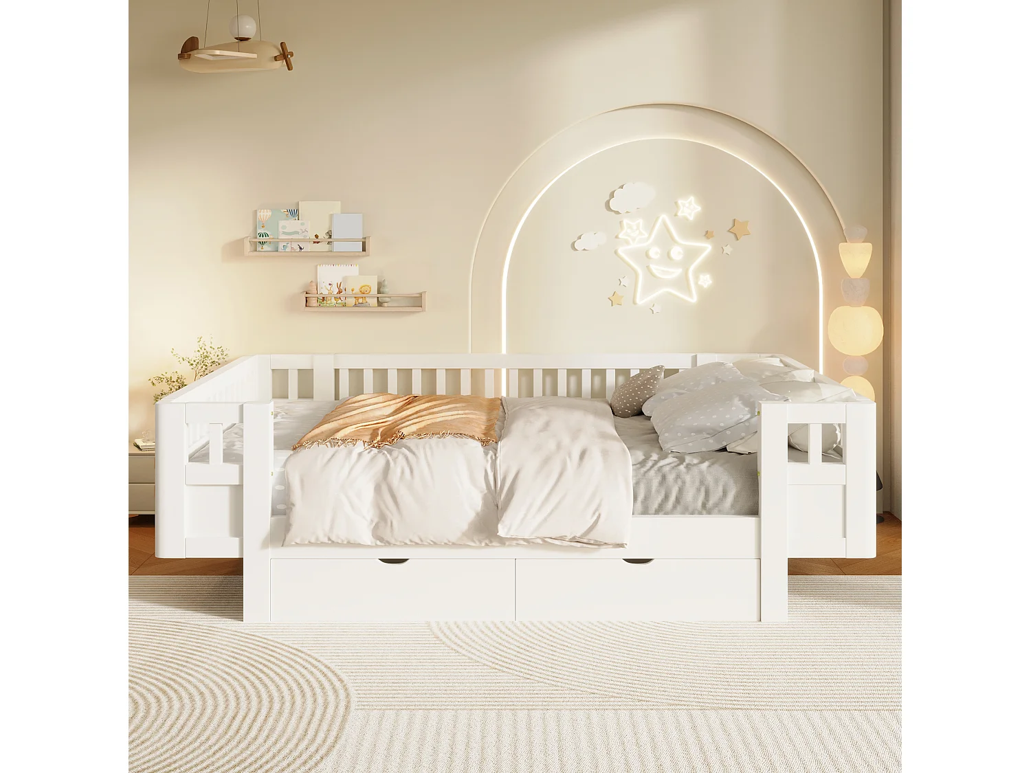 Letto per bambini 140 x 200 cm con sponda di sicurezza alta e 2 ampi cassetti - MDF + pino - Bianco (Materasso non incluso)