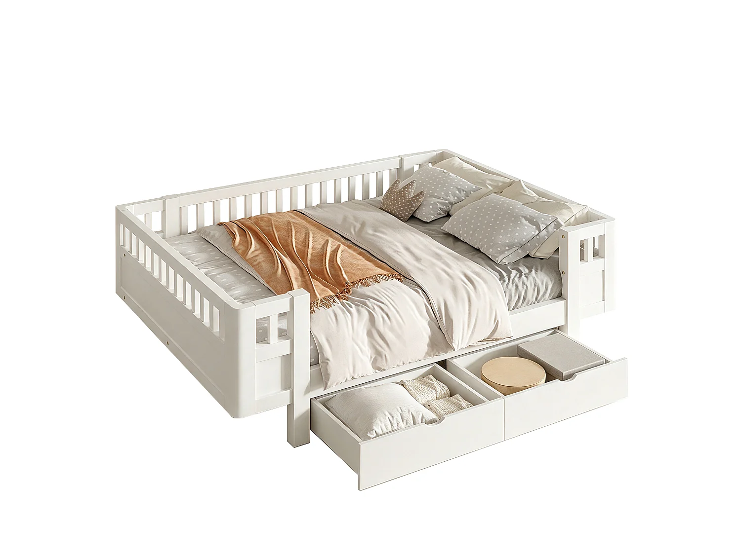 Letto per bambini 140 x 200 cm con sponda di sicurezza alta e 2 ampi cassetti - MDF + pino - Bianco (Materasso non incluso)