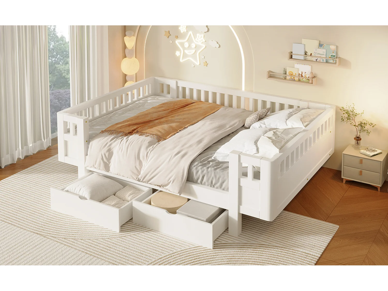 Letto per bambini 140 x 200 cm con sponda di sicurezza alta e 2 ampi cassetti - MDF + pino - Bianco (Materasso non incluso)