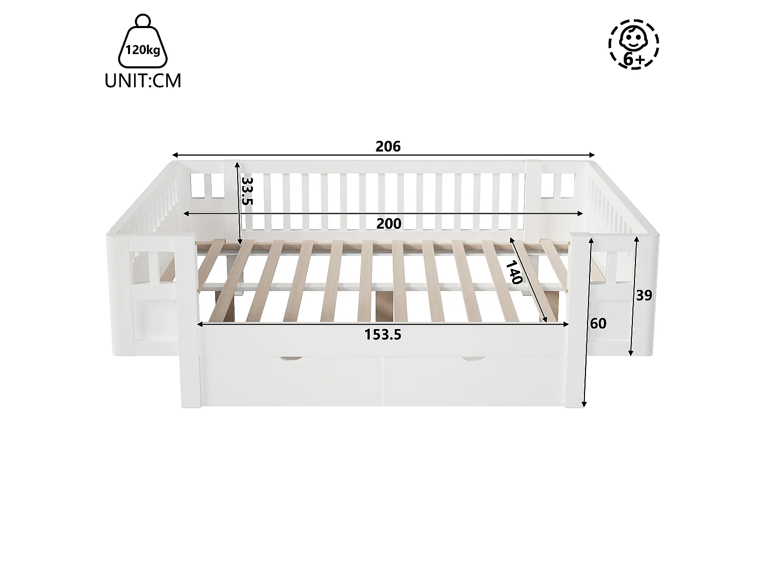 Letto per bambini 140 x 200 cm con sponda di sicurezza alta e 2 ampi cassetti - MDF + pino - Bianco (Materasso non incluso)
