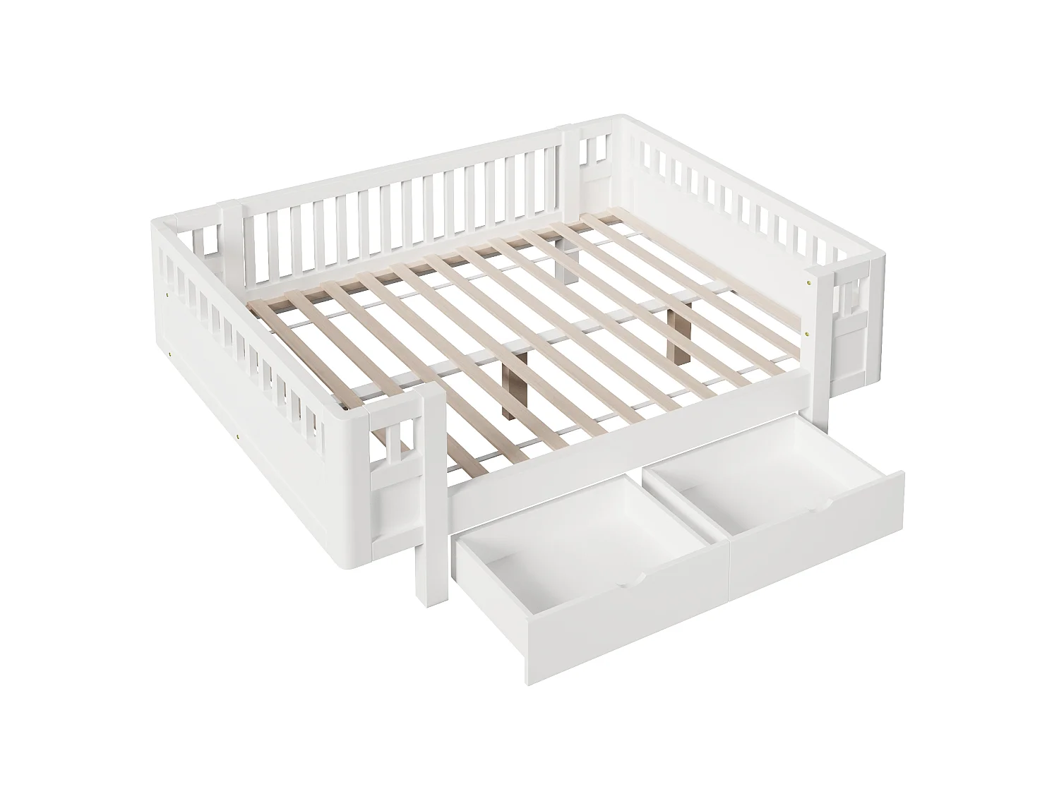 Letto per bambini 140 x 200 cm con sponda di sicurezza alta e 2 ampi cassetti - MDF + pino - Bianco (Materasso non incluso)
