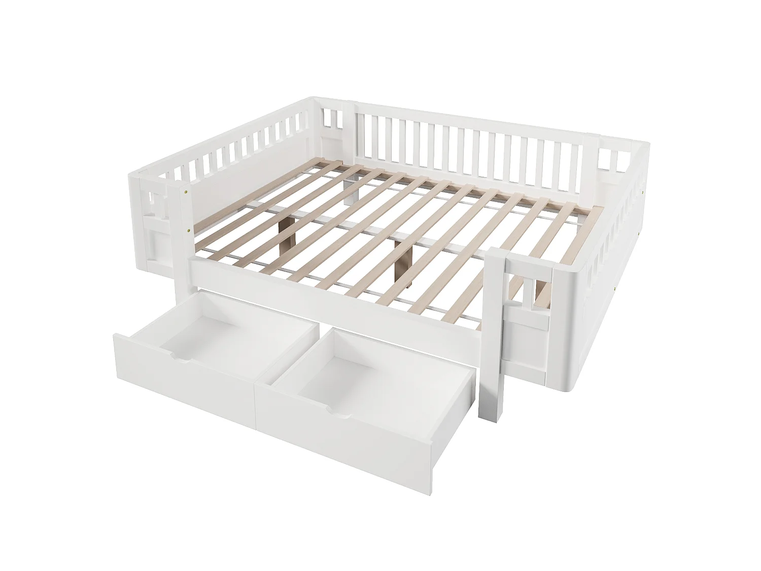 Letto per bambini 140 x 200 cm con sponda di sicurezza alta e 2 ampi cassetti - MDF + pino - Bianco (Materasso non incluso)