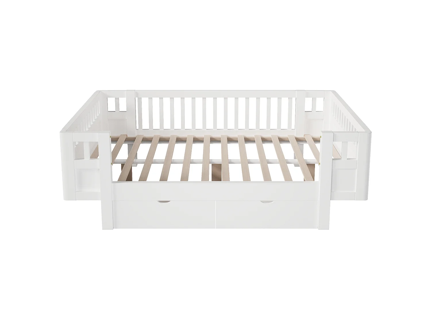 Letto per bambini 140 x 200 cm con sponda di sicurezza alta e 2 ampi cassetti - MDF + pino - Bianco (Materasso non incluso)
