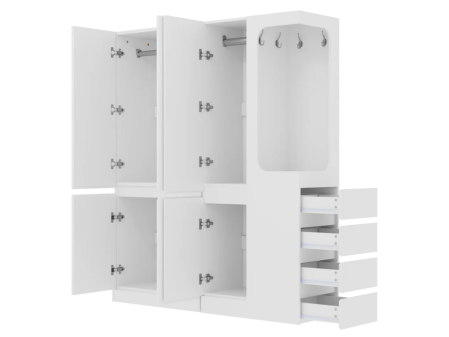 Armoire extra-large avec 4 portes, 4 tiroirs et compartiment à droite - 140 x 40 x 170 cm - Pin + contreplaqué + MDF - Blanc