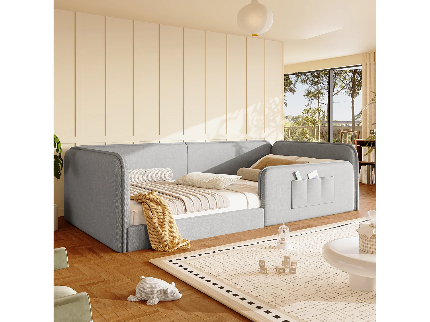 Klädd säng 90 x 200 cm med sidofickor, vadderad stomme och linneöverdrag - MDF + Linne - Grå (Madrass ingår ej)