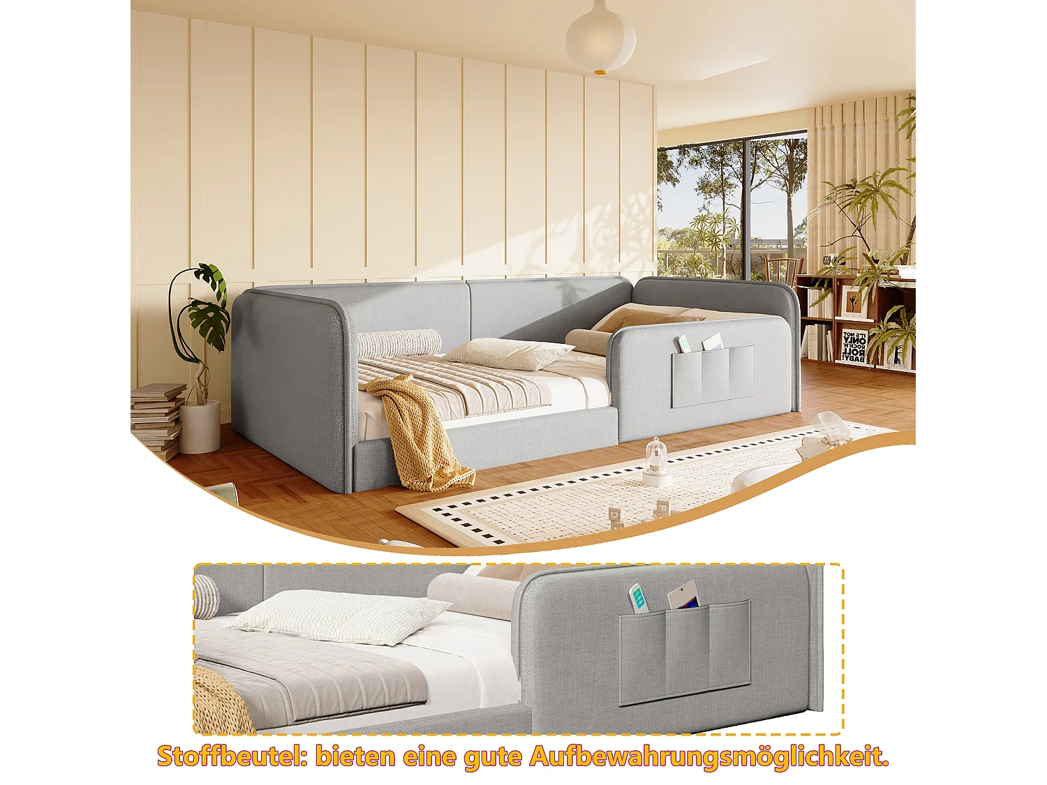 Klädd säng 90 x 200 cm med sidofickor, vadderad stomme och linneöverdrag - MDF + Linne - Grå (Madrass ingår ej)