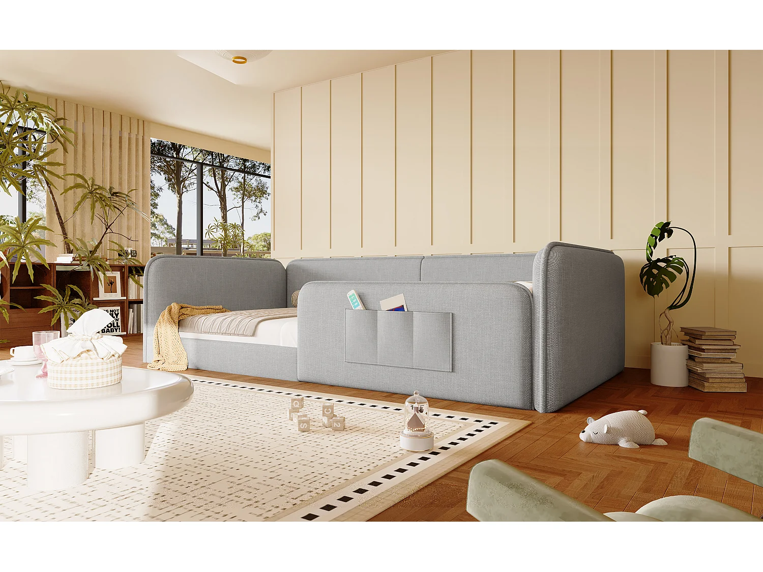 Klädd säng 90 x 200 cm med sidofickor, vadderad stomme och linneöverdrag - MDF + Linne - Grå (Madrass ingår ej)