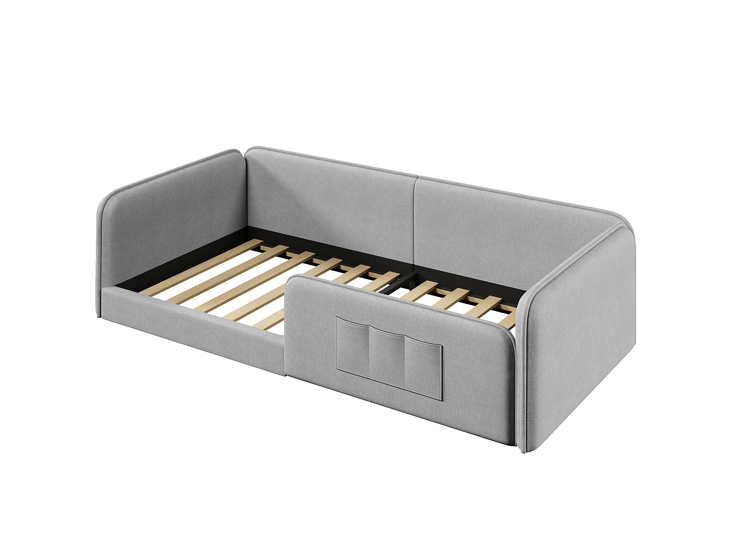 Klädd säng 90 x 200 cm med sidofickor, vadderad stomme och linneöverdrag - MDF + Linne - Grå (Madrass ingår ej)