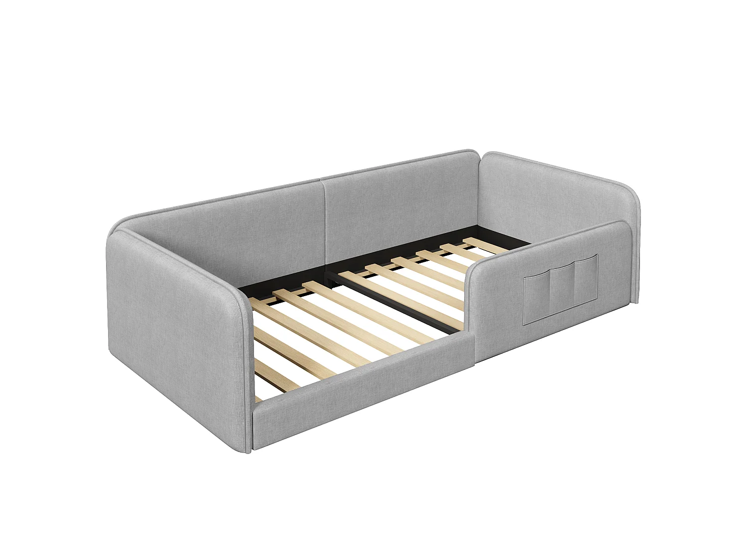 Klädd säng 90 x 200 cm med sidofickor, vadderad stomme och linneöverdrag - MDF + Linne - Grå (Madrass ingår ej)