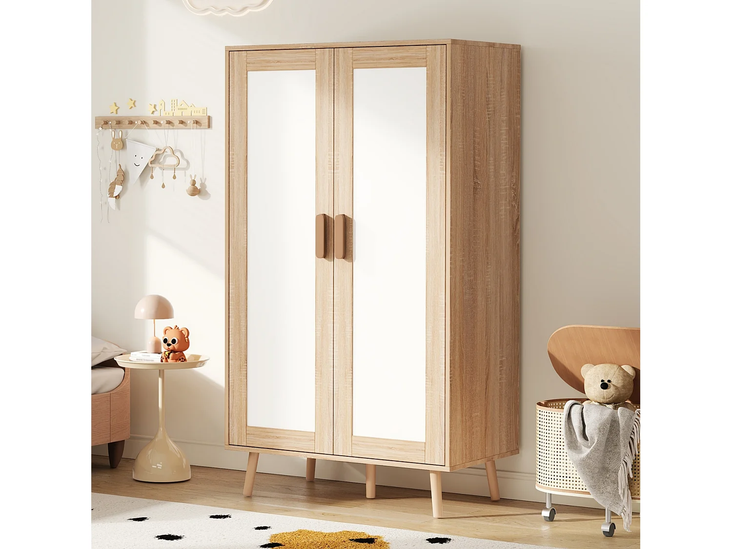 Børnegarderobe med 2 døre, bøjlestang, hylde og opbevaring - MDF - 80 x 46 x 141,5 cm - Hvid og naturtræ