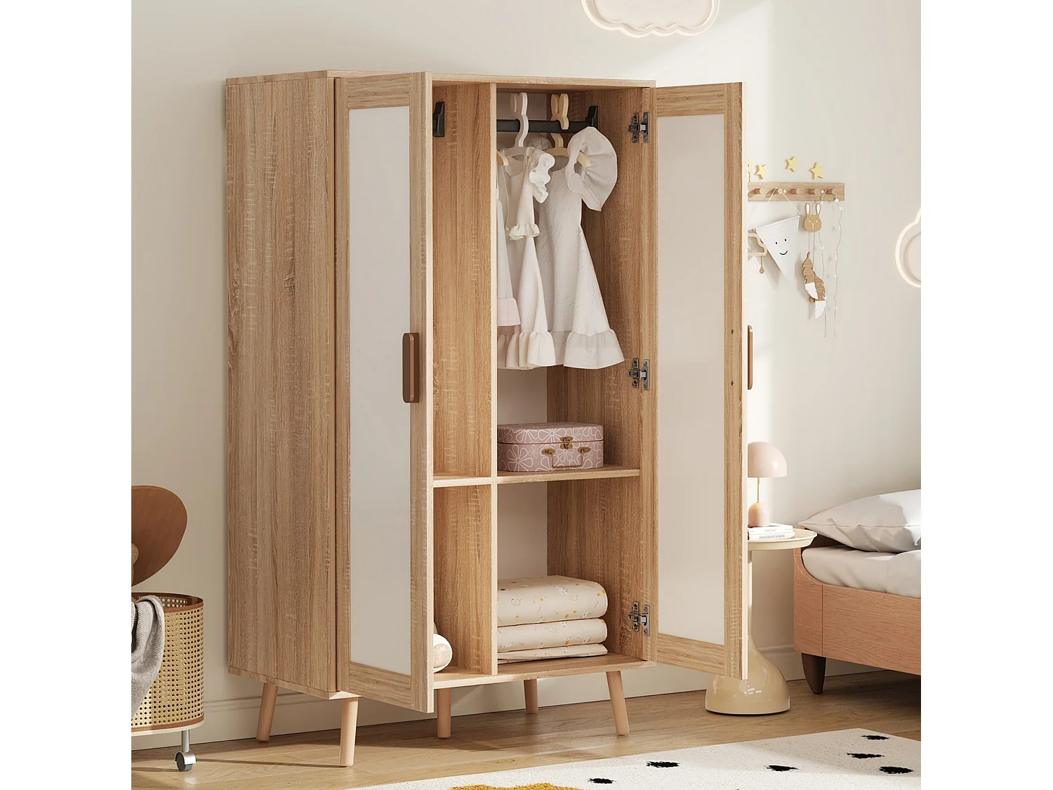 Børnegarderobe med 2 døre, bøjlestang, hylde og opbevaring - MDF - 80 x 46 x 141,5 cm - Hvid og naturtræ