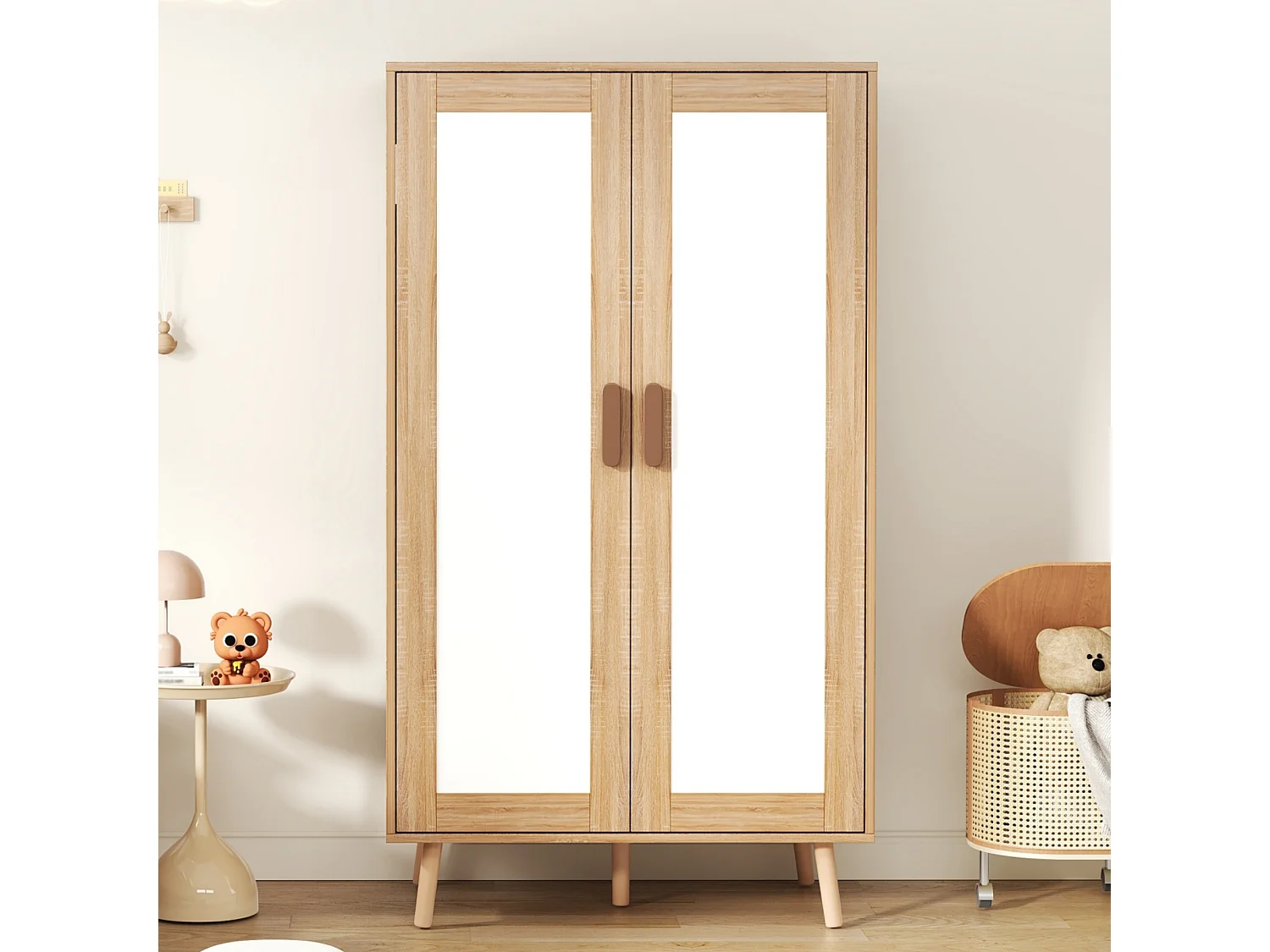 Børnegarderobe med 2 døre, bøjlestang, hylde og opbevaring - MDF - 80 x 46 x 141,5 cm - Hvid og naturtræ