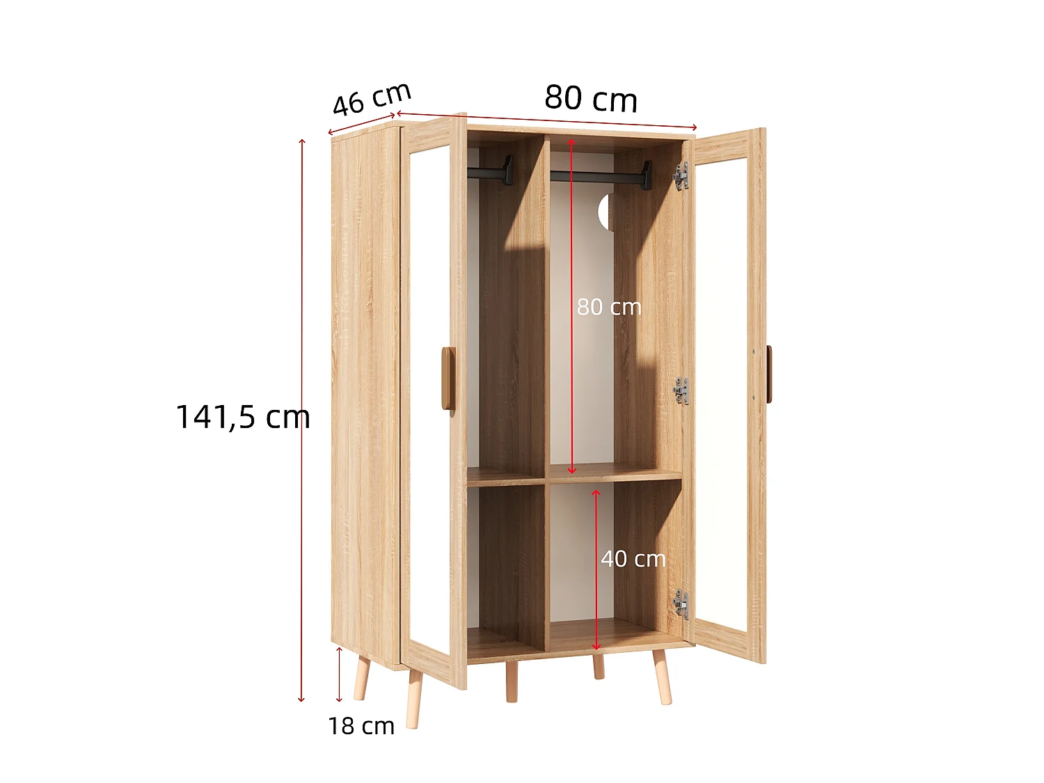 Børnegarderobe med 2 døre, bøjlestang, hylde og opbevaring - MDF - 80 x 46 x 141,5 cm - Hvid og naturtræ