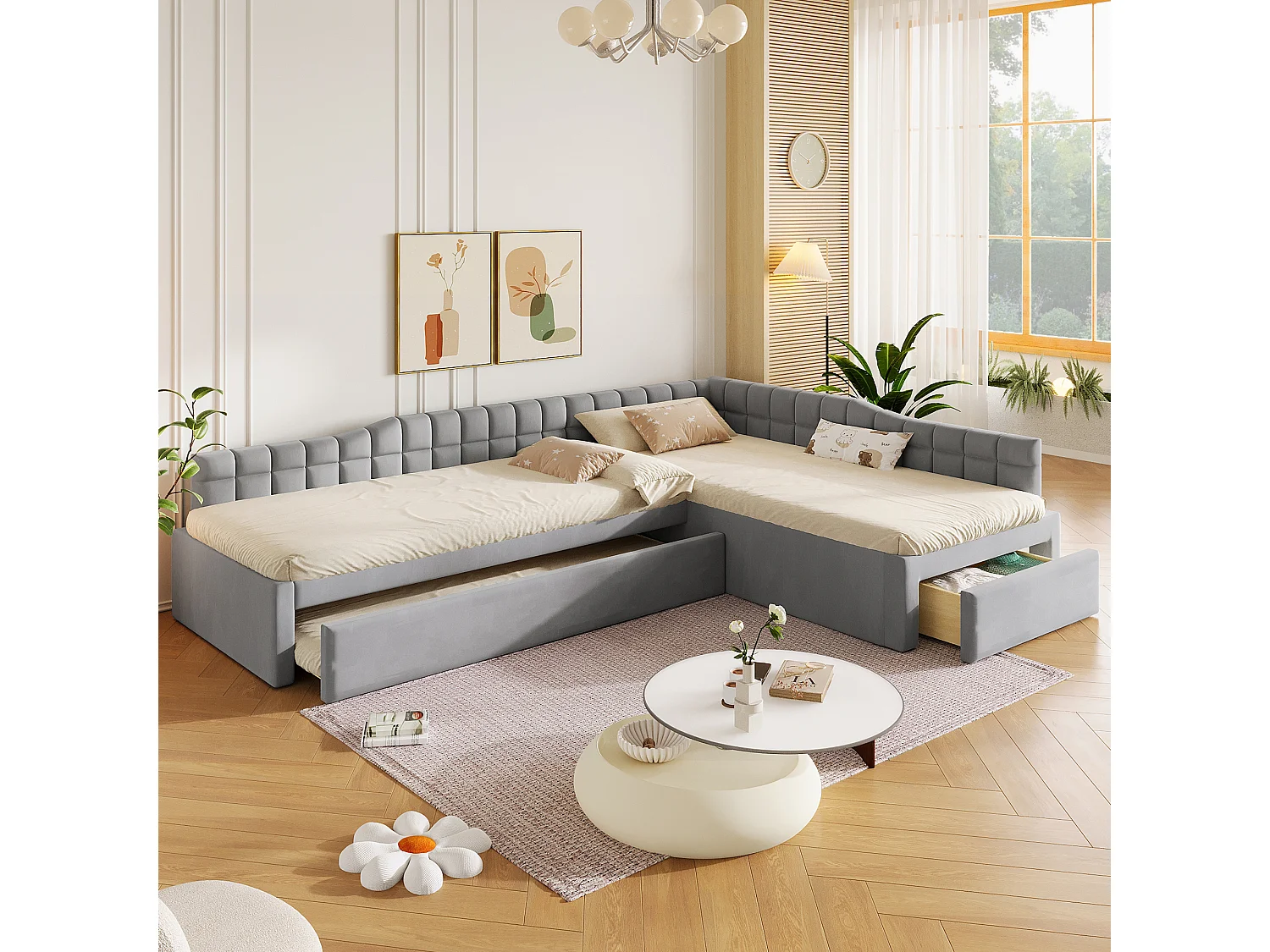 Lit d'angle capitonné 90 x 200 cm avec 2 couchages, lit gigogne, 1 tiroir - MDF + Flanelle - Gris (Sans matelas)