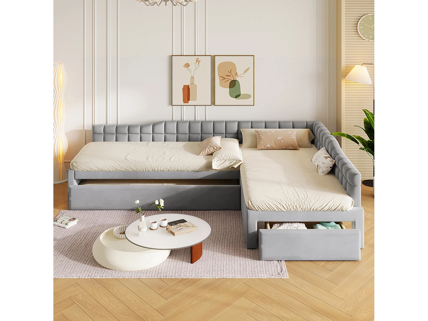 Lit d'angle capitonné 90 x 200 cm avec 2 couchages, lit gigogne, 1 tiroir - MDF + Flanelle - Gris (Sans matelas)