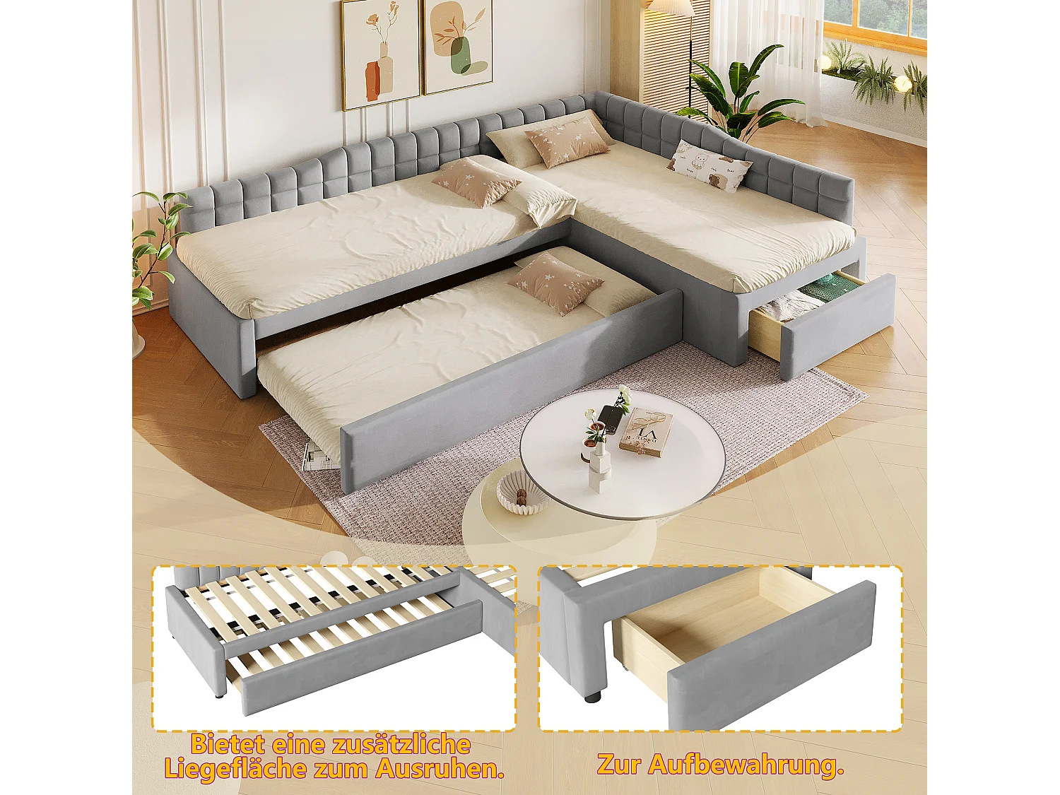 Lit d'angle capitonné 90 x 200 cm avec 2 couchages, lit gigogne, 1 tiroir - MDF + Flanelle - Gris (Sans matelas)