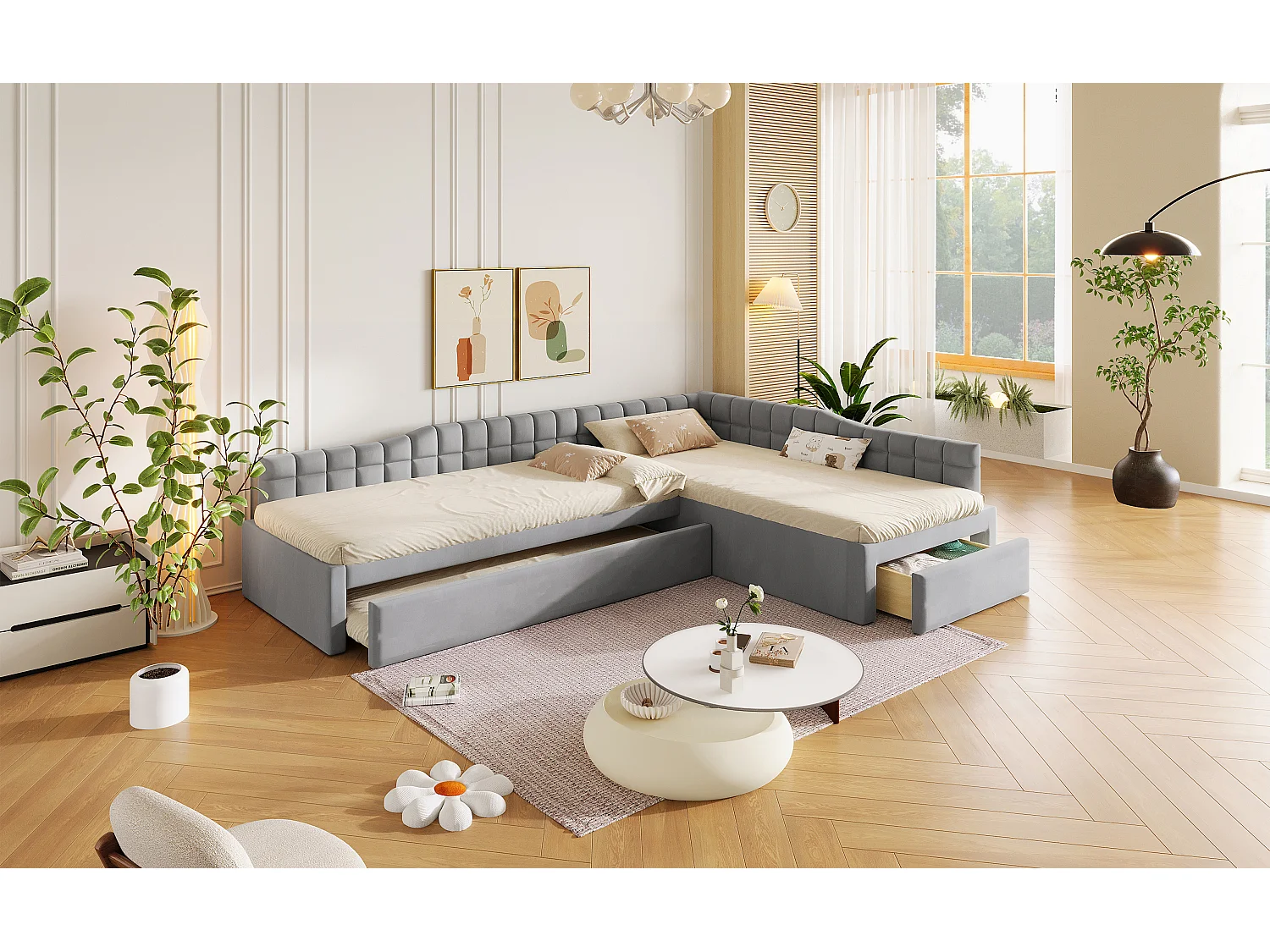 Lit d'angle capitonné 90 x 200 cm avec 2 couchages, lit gigogne, 1 tiroir - MDF + Flanelle - Gris (Sans matelas)