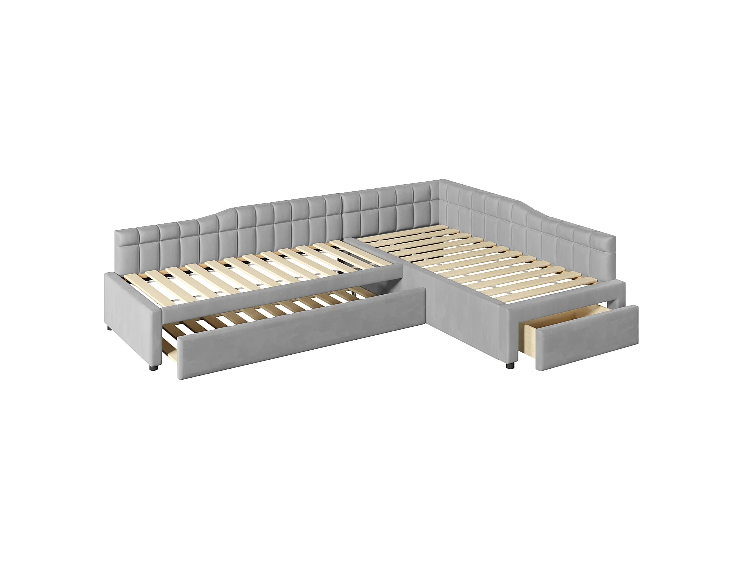 Lit d'angle capitonné 90 x 200 cm avec 2 couchages, lit gigogne, 1 tiroir - MDF + Flanelle - Gris (Sans matelas)