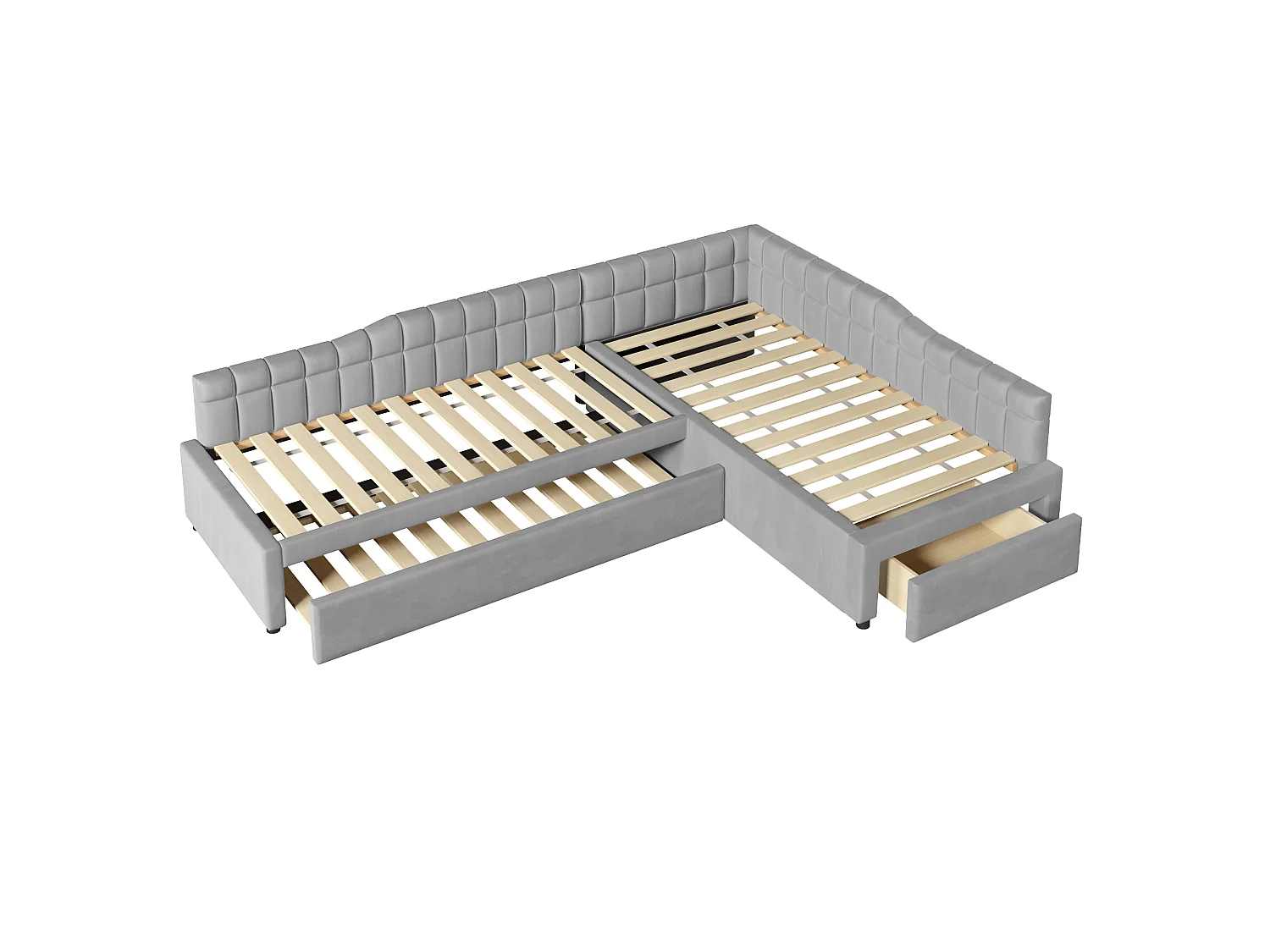 Lit d'angle capitonné 90 x 200 cm avec 2 couchages, lit gigogne, 1 tiroir - MDF + Flanelle - Gris (Sans matelas)