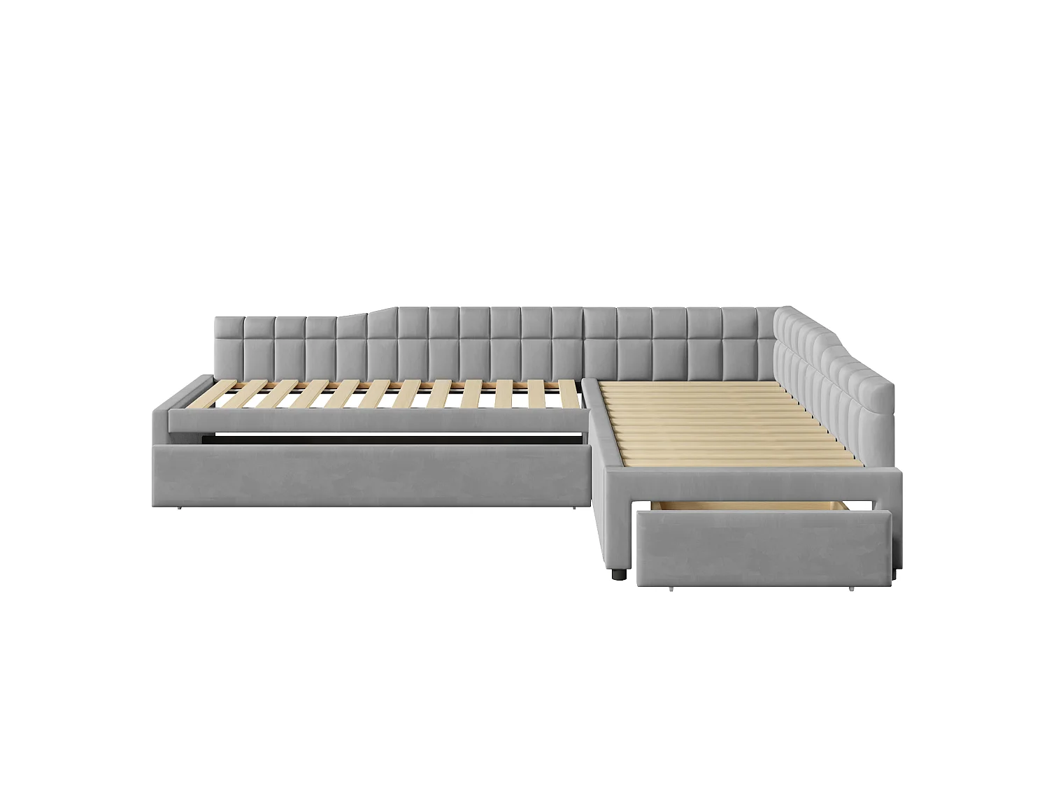 Lit d'angle capitonné 90 x 200 cm avec 2 couchages, lit gigogne, 1 tiroir - MDF + Flanelle - Gris (Sans matelas)