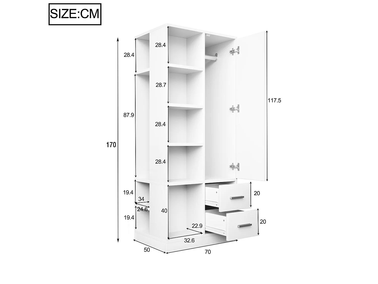 Kleiderschrank mit einer Tür, doppelter Kleiderstange, Einlegeböden und zwei Schubladen – Holz, Metall, Sperrholz und MDF – 70 x 50 x 170 cm – Weiß