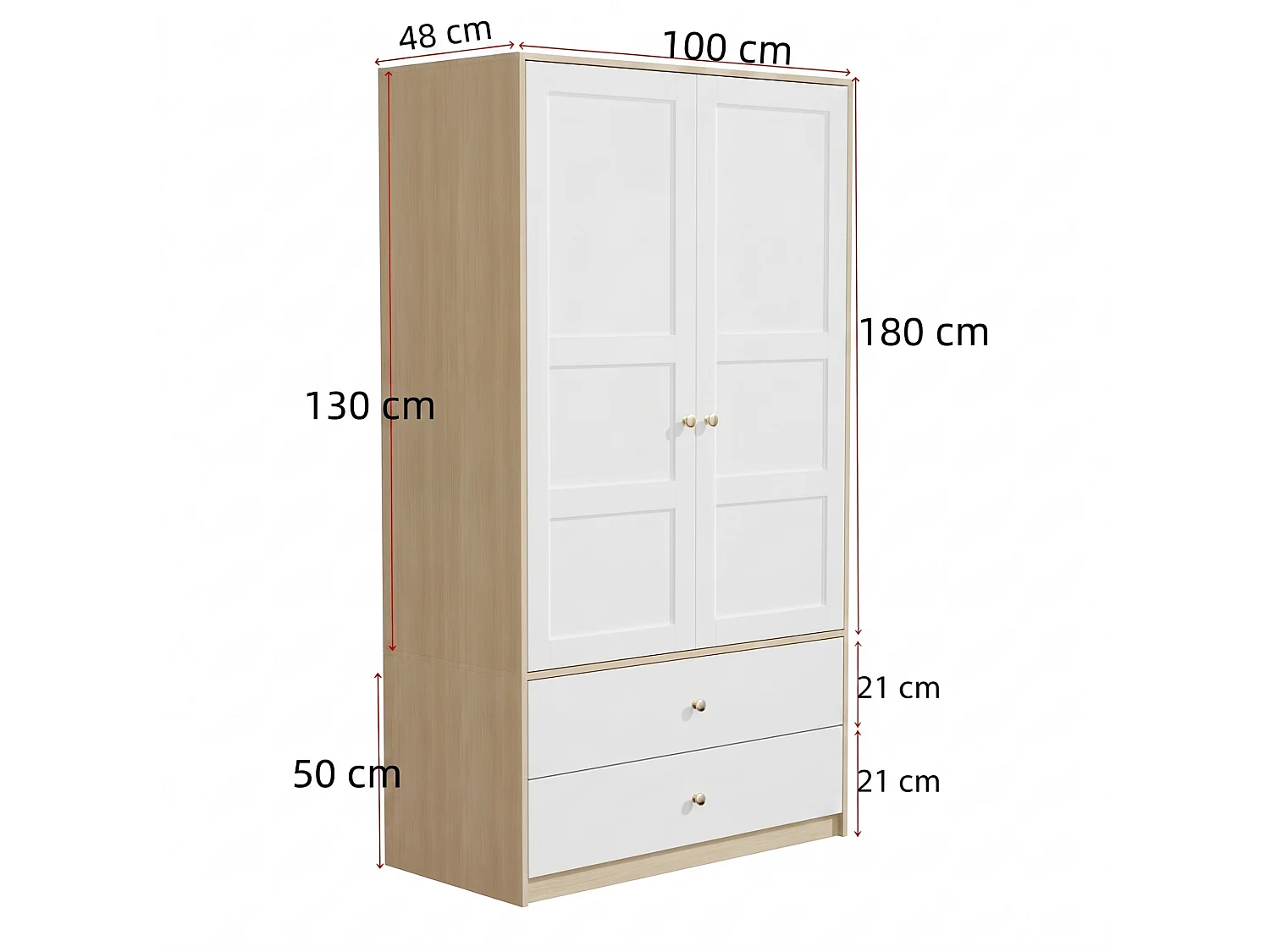 2-door wardrobe with hanging rail, shelves and 2 drawers, embossed effect doors - MDF - 100 x 48 x 180 cm - White and natural wood