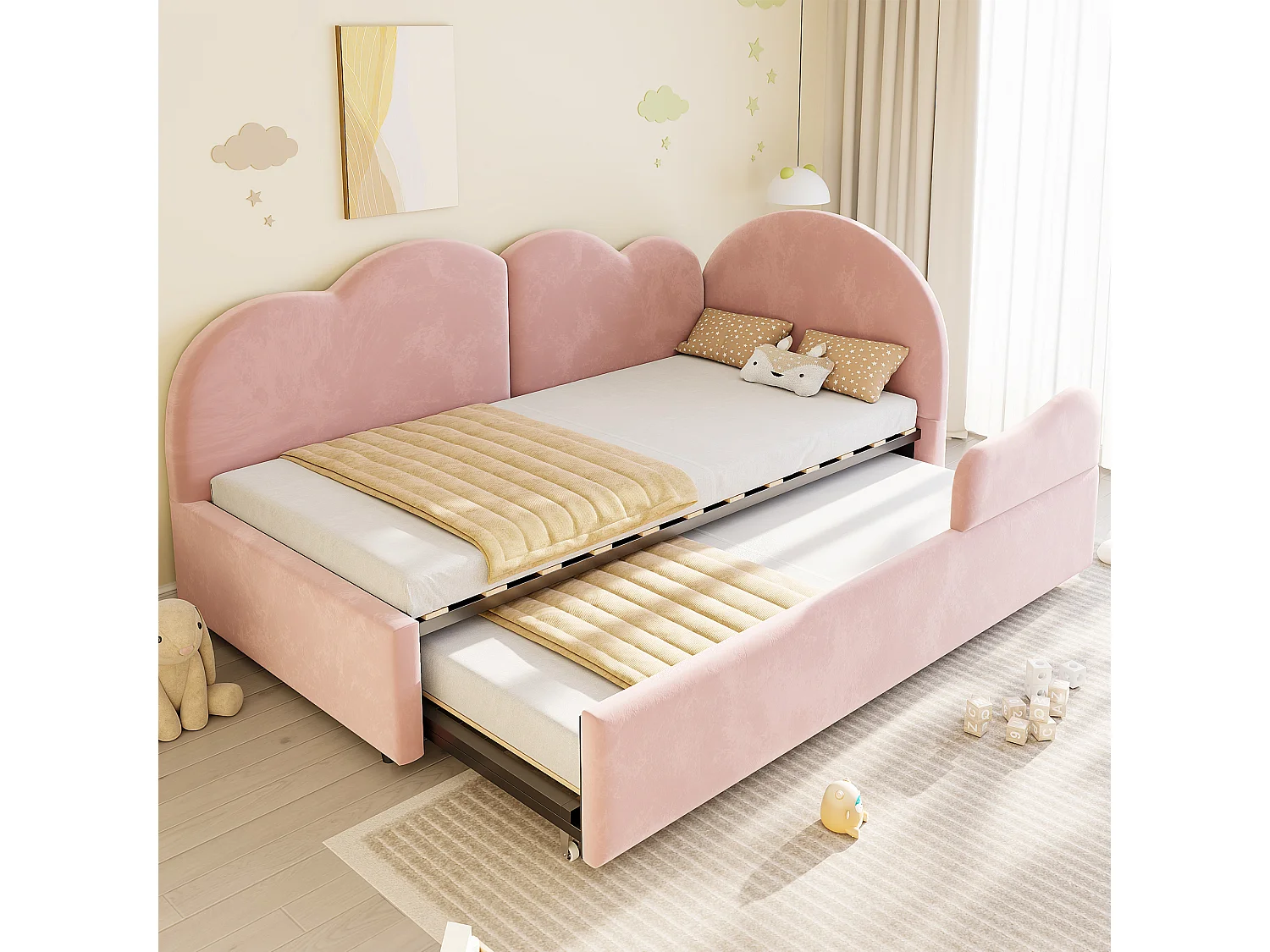 Utdragssäng 90 x 200 + 90 x 190 cm med molnhuvudgavel - Sammet + MDF - Rosa (Madrass ingår ej)