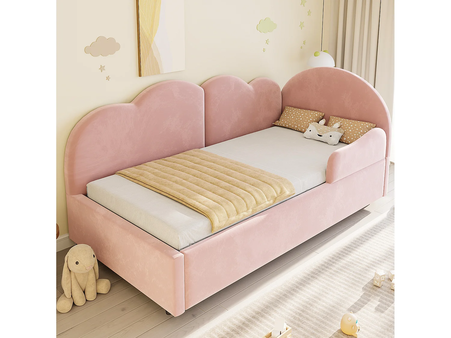 Utdragssäng 90 x 200 + 90 x 190 cm med molnhuvudgavel - Sammet + MDF - Rosa (Madrass ingår ej)