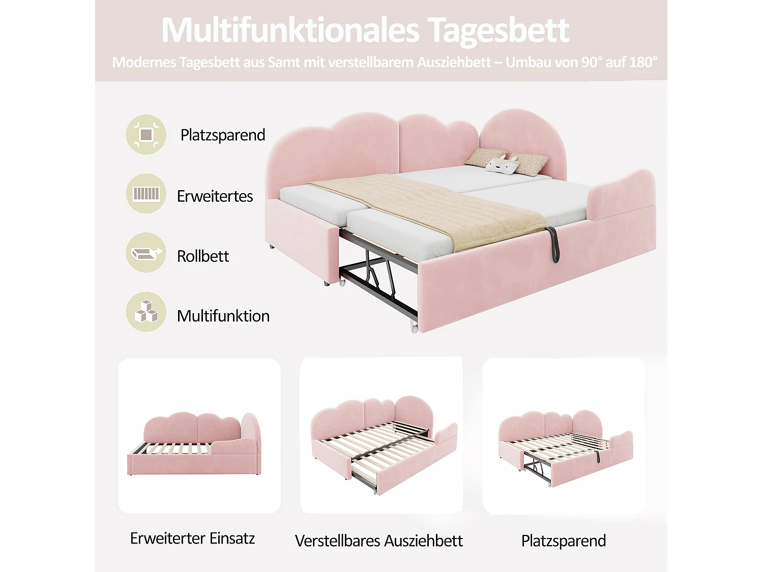 Utdragssäng 90 x 200 + 90 x 190 cm med molnhuvudgavel - Sammet + MDF - Rosa (Madrass ingår ej)