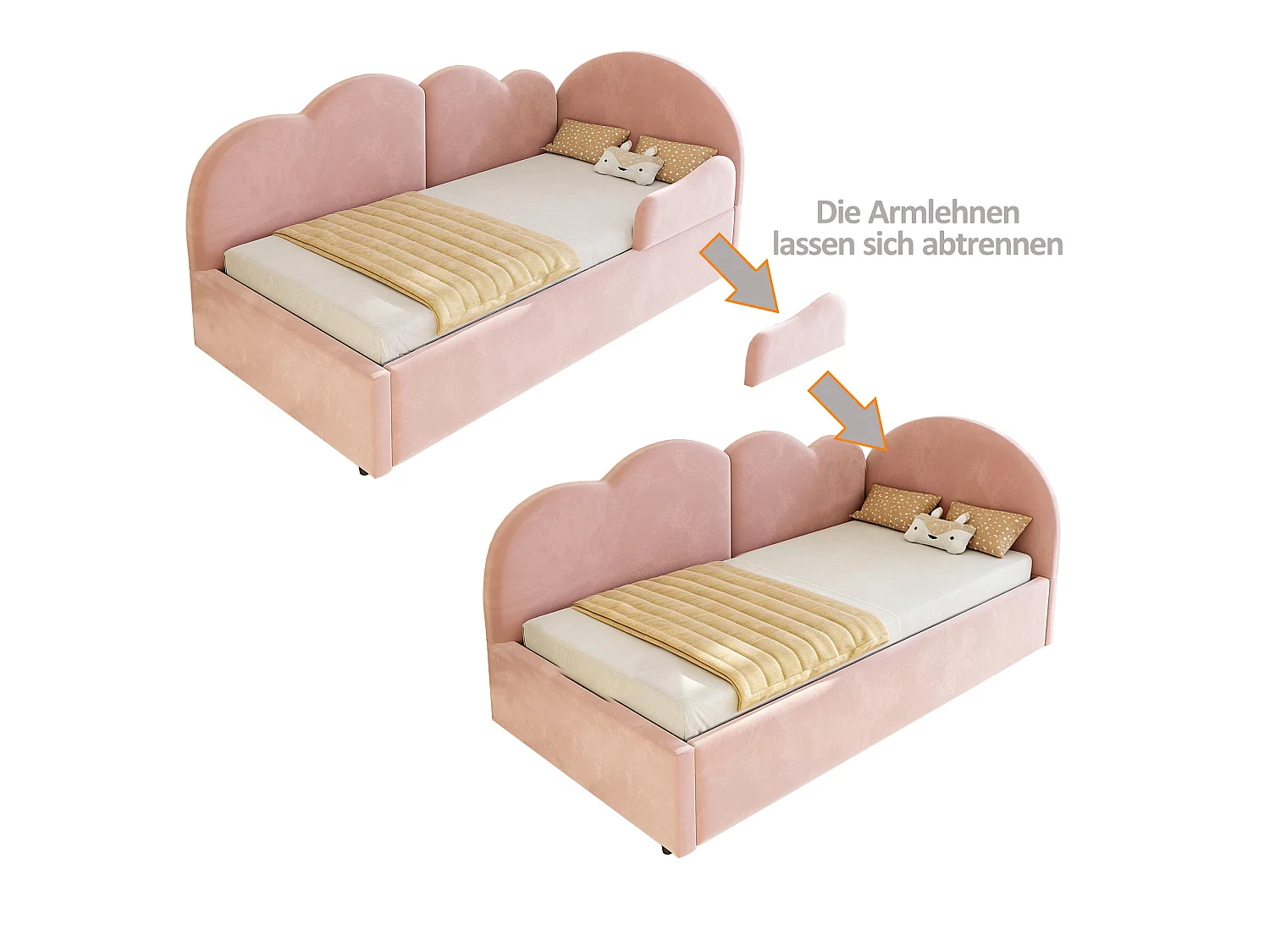 Utdragssäng 90 x 200 + 90 x 190 cm med molnhuvudgavel - Sammet + MDF - Rosa (Madrass ingår ej)
