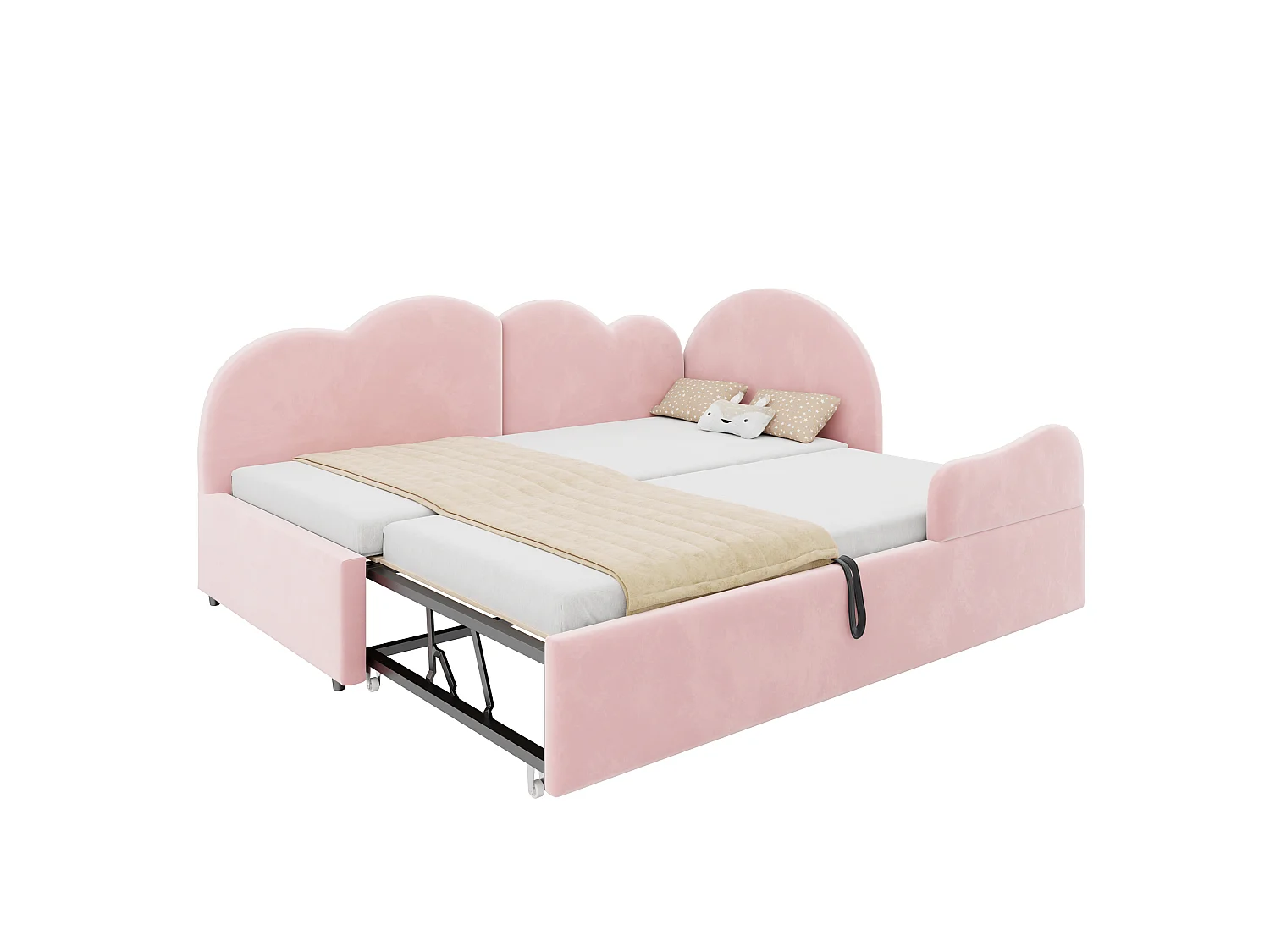 Utdragssäng 90 x 200 + 90 x 190 cm med molnhuvudgavel - Sammet + MDF - Rosa (Madrass ingår ej)
