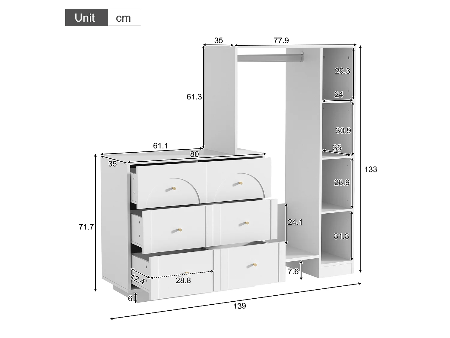 Guarda-roupa aberto com cabideiro, 6 gavetas e prateleiras laterais - Aglomerado - 139 x 35 x 133 cm - Branco
