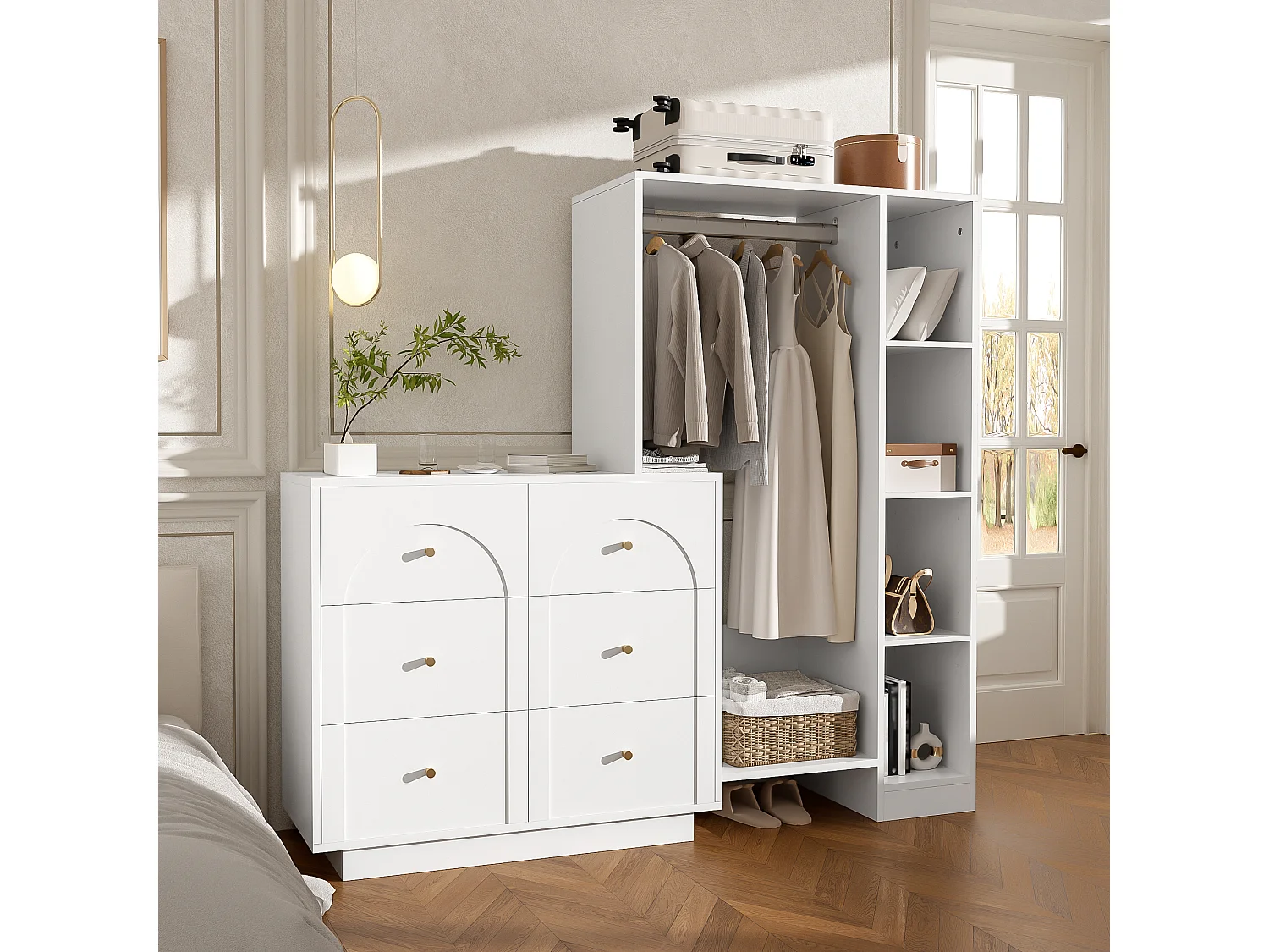 Guarda-roupa aberto com cabideiro, 6 gavetas e prateleiras laterais - Aglomerado - 139 x 35 x 133 cm - Branco