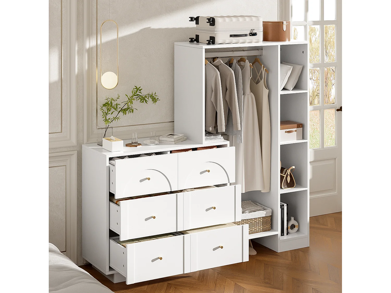 Guarda-roupa aberto com cabideiro, 6 gavetas e prateleiras laterais - Aglomerado - 139 x 35 x 133 cm - Branco