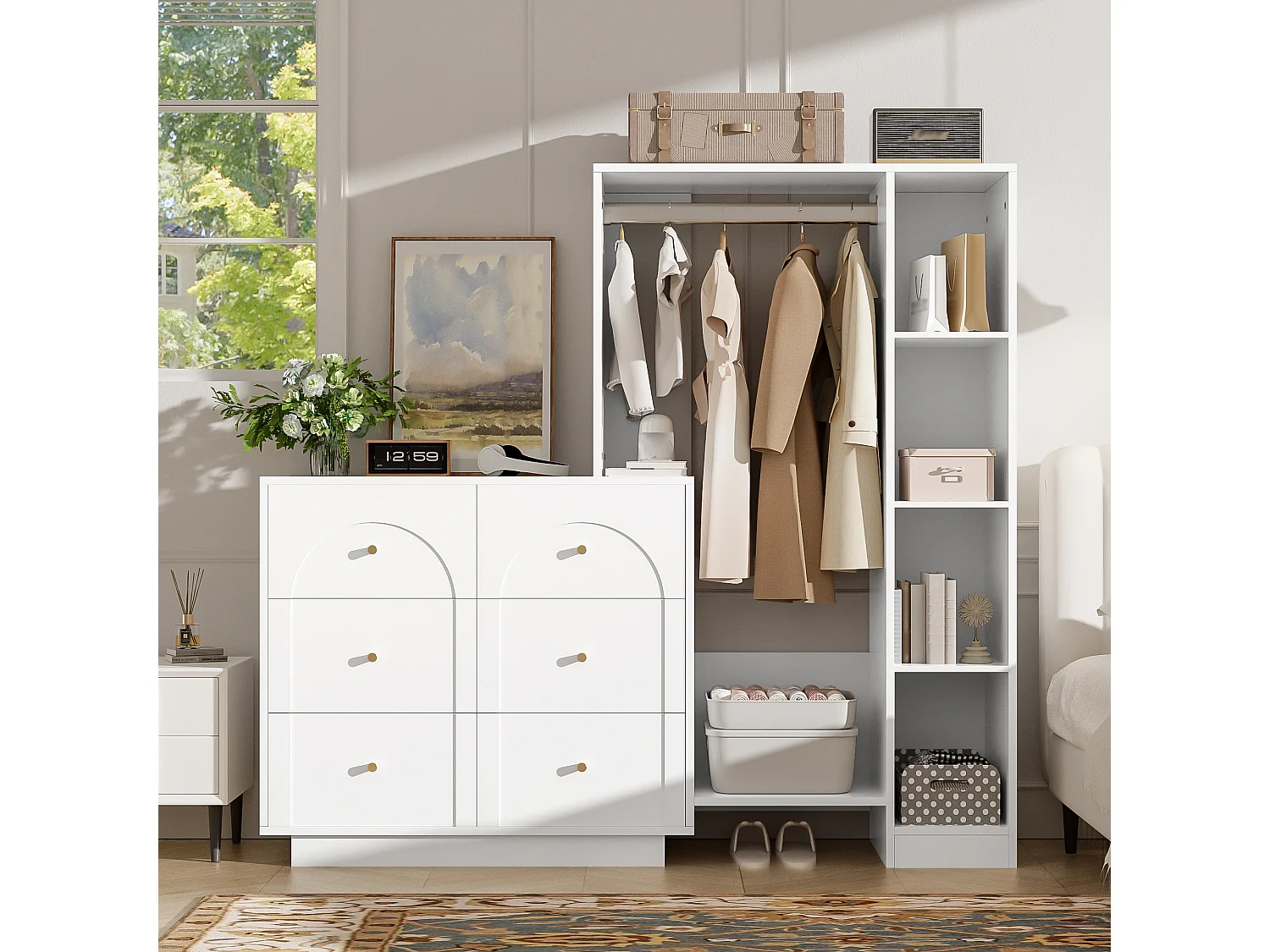 Guarda-roupa aberto com cabideiro, 6 gavetas e prateleiras laterais - Aglomerado - 139 x 35 x 133 cm - Branco
