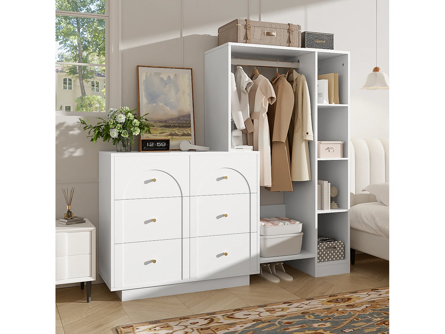 Guarda-roupa aberto com cabideiro, 6 gavetas e prateleiras laterais - Aglomerado - 139 x 35 x 133 cm - Branco