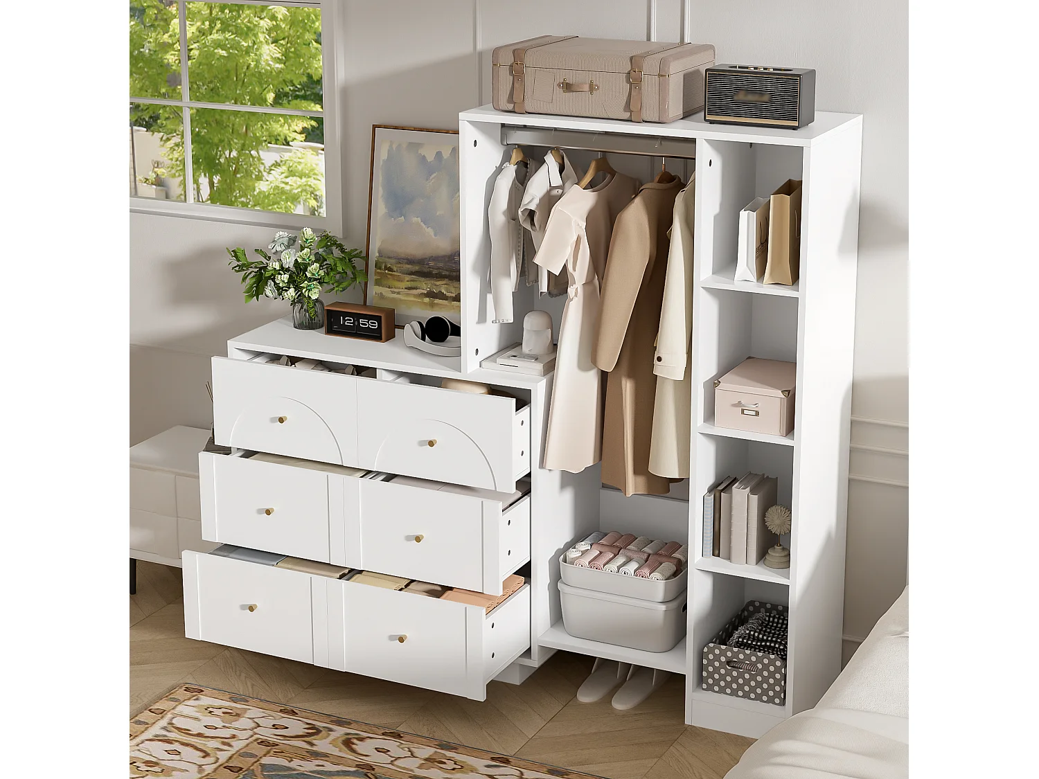Guarda-roupa aberto com cabideiro, 6 gavetas e prateleiras laterais - Aglomerado - 139 x 35 x 133 cm - Branco