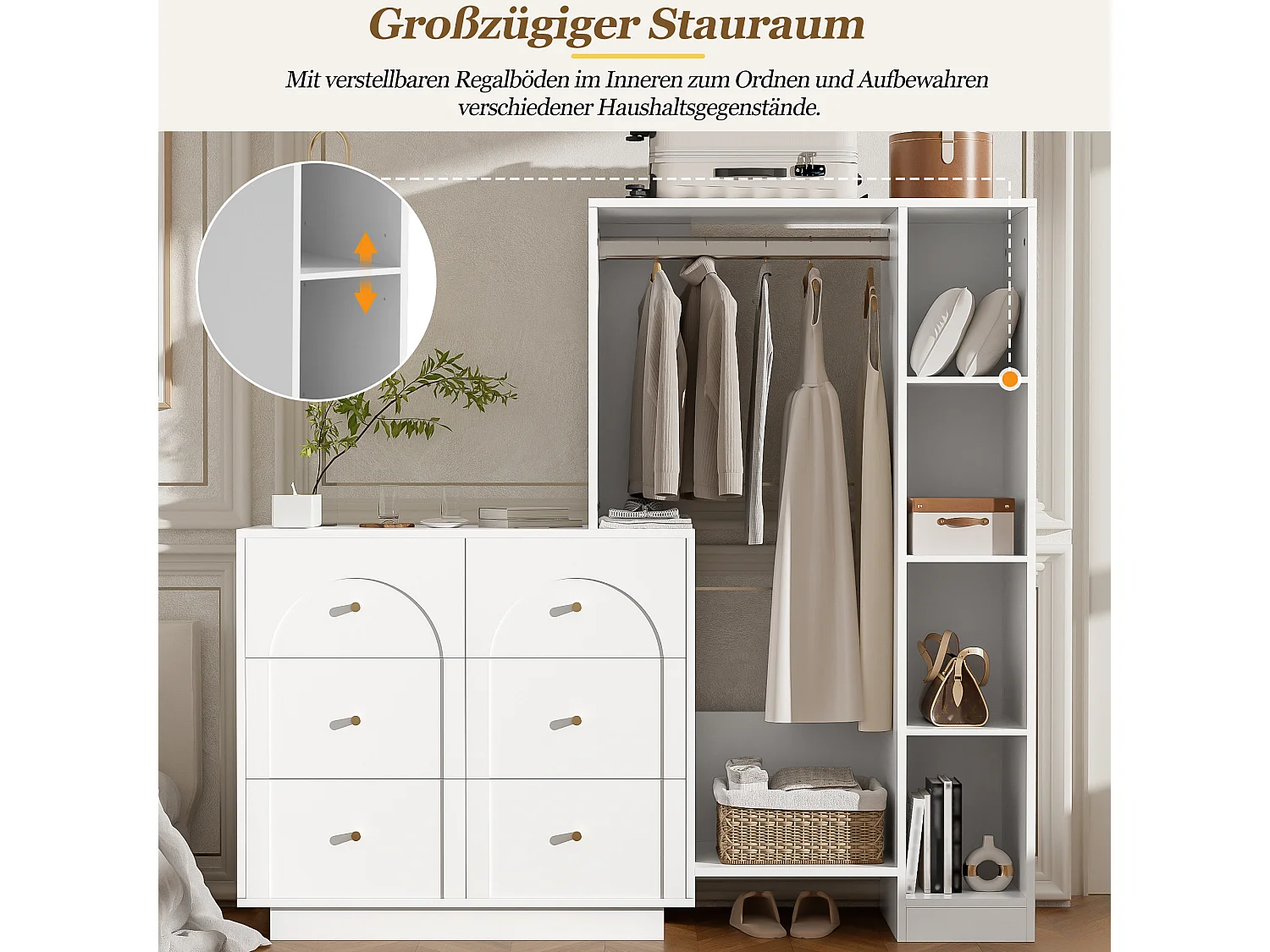 Guarda-roupa aberto com cabideiro, 6 gavetas e prateleiras laterais - Aglomerado - 139 x 35 x 133 cm - Branco